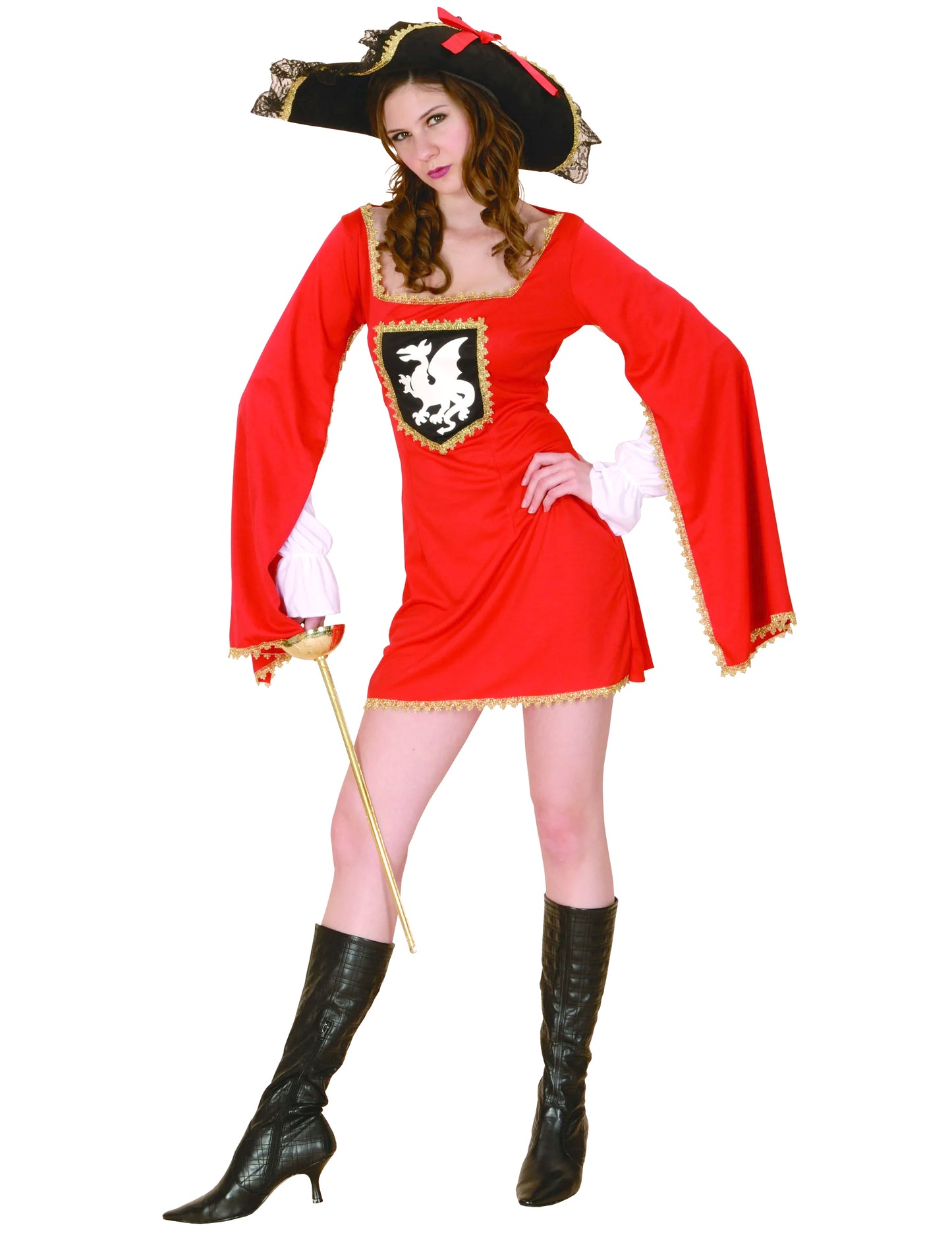 Costum de muschetar pentru femei roșu cu pălărie și blazon