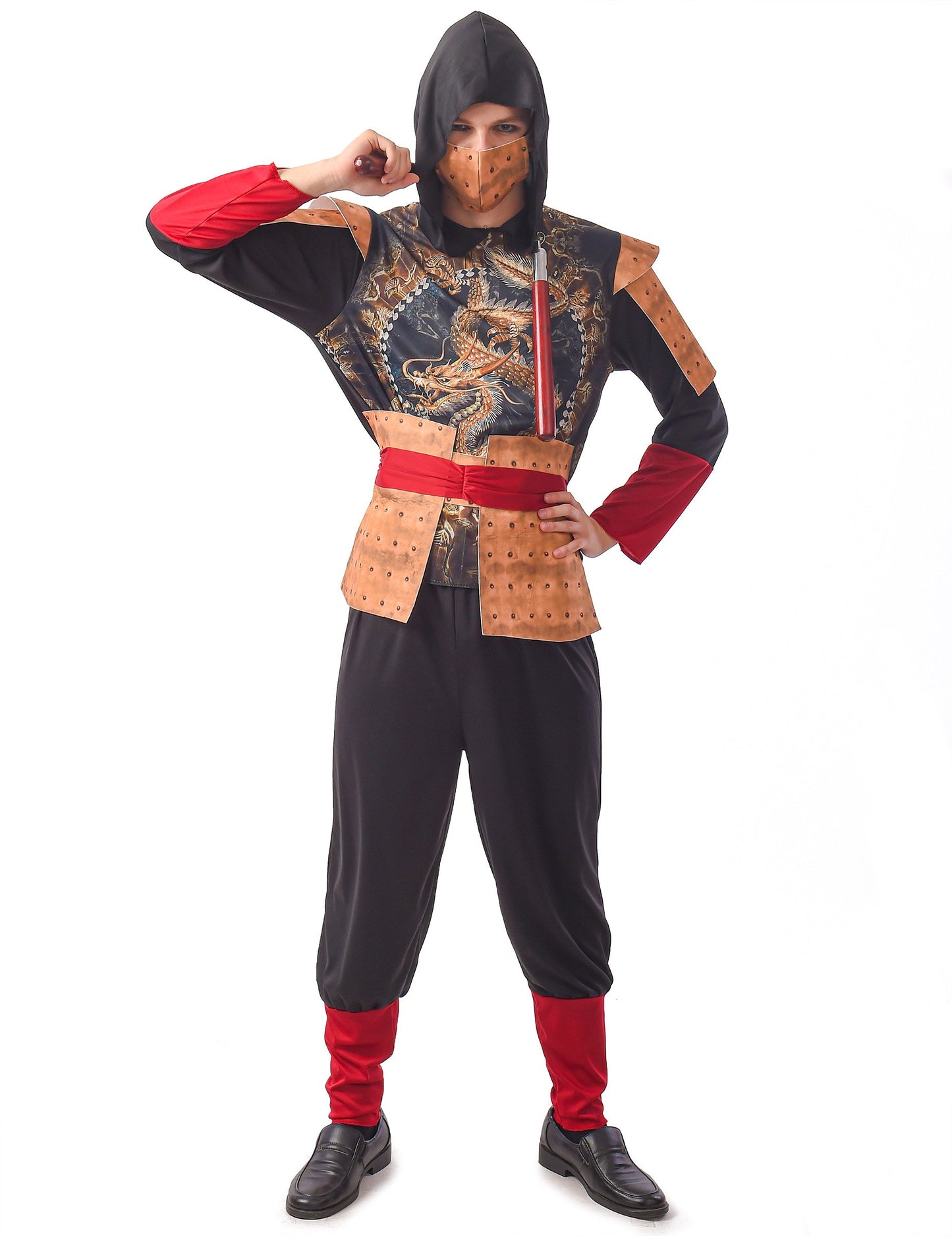 Déguisement ninja traditionnel pour homme noir et rouge avec dragon doré