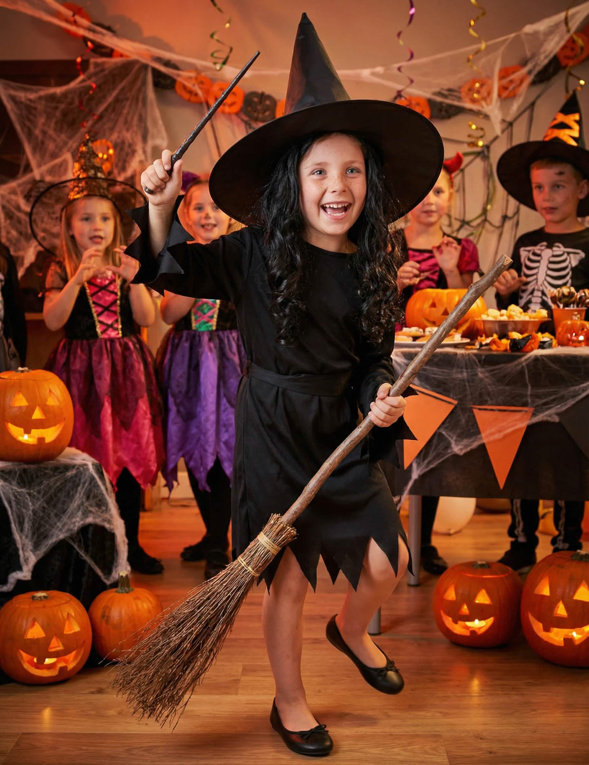 Punere în scenă festivă într-un decor de halloween a costumului de vrăjitoare halloween pentru fată