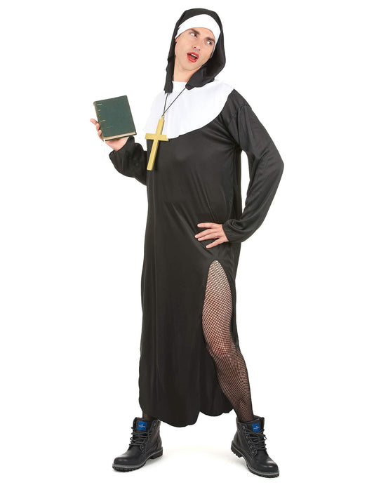 Vue de face avec livre et croix du déguisement de nonne humoristique