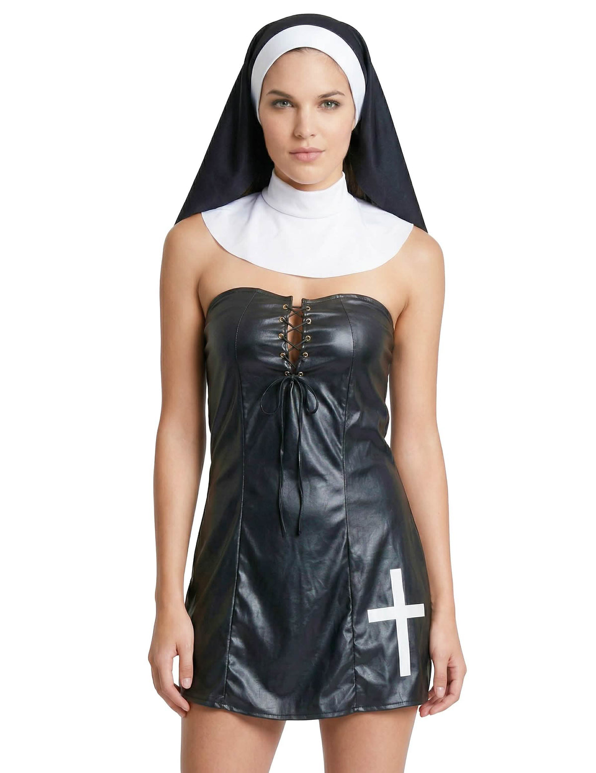 Prim-plan pe bustierul cu șireturi al costumului sexy de călugăriță, bustier pentru femeie