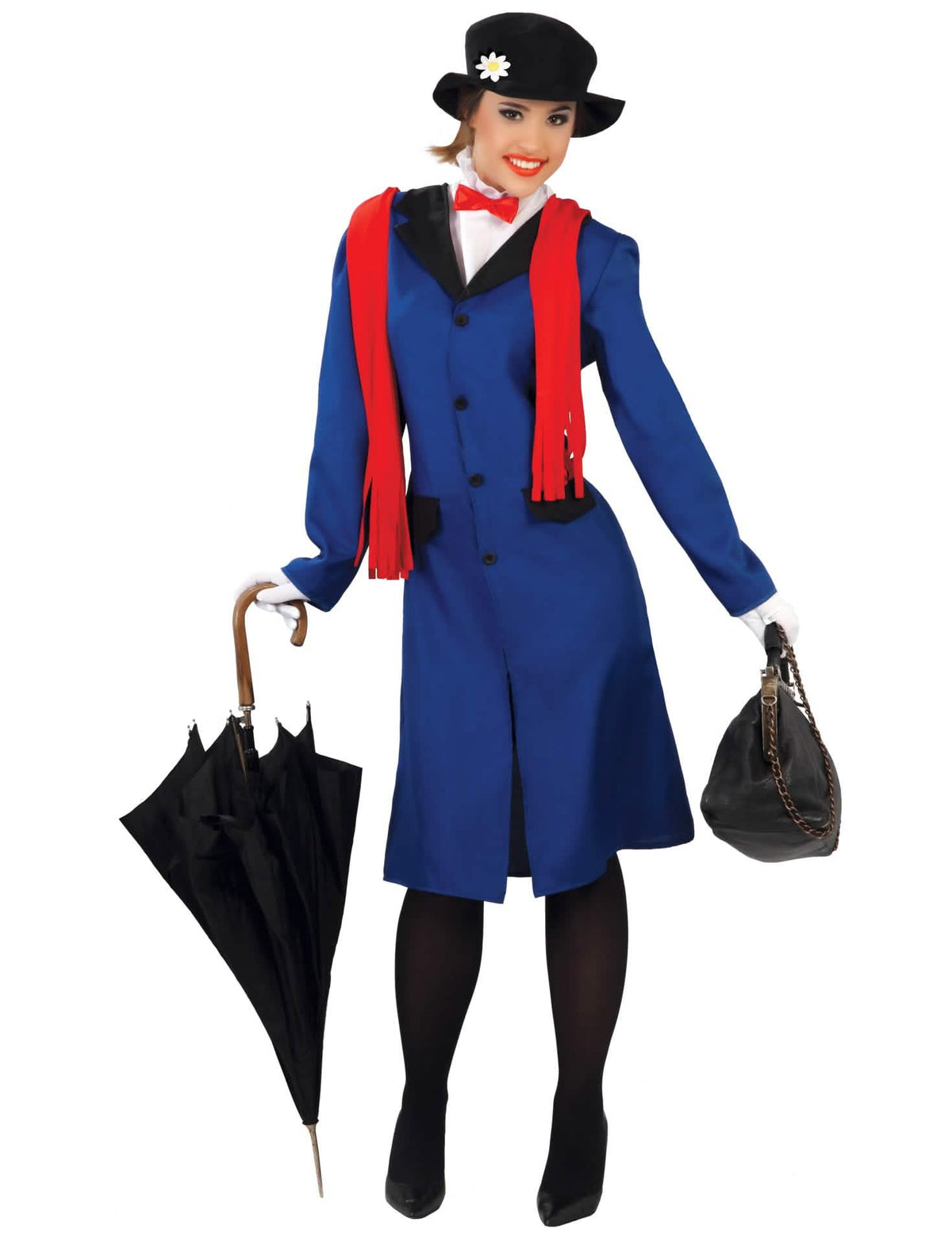 Costum de asistentă engleză pentru femeie albastru și roșu cu pălărie și eșarfă