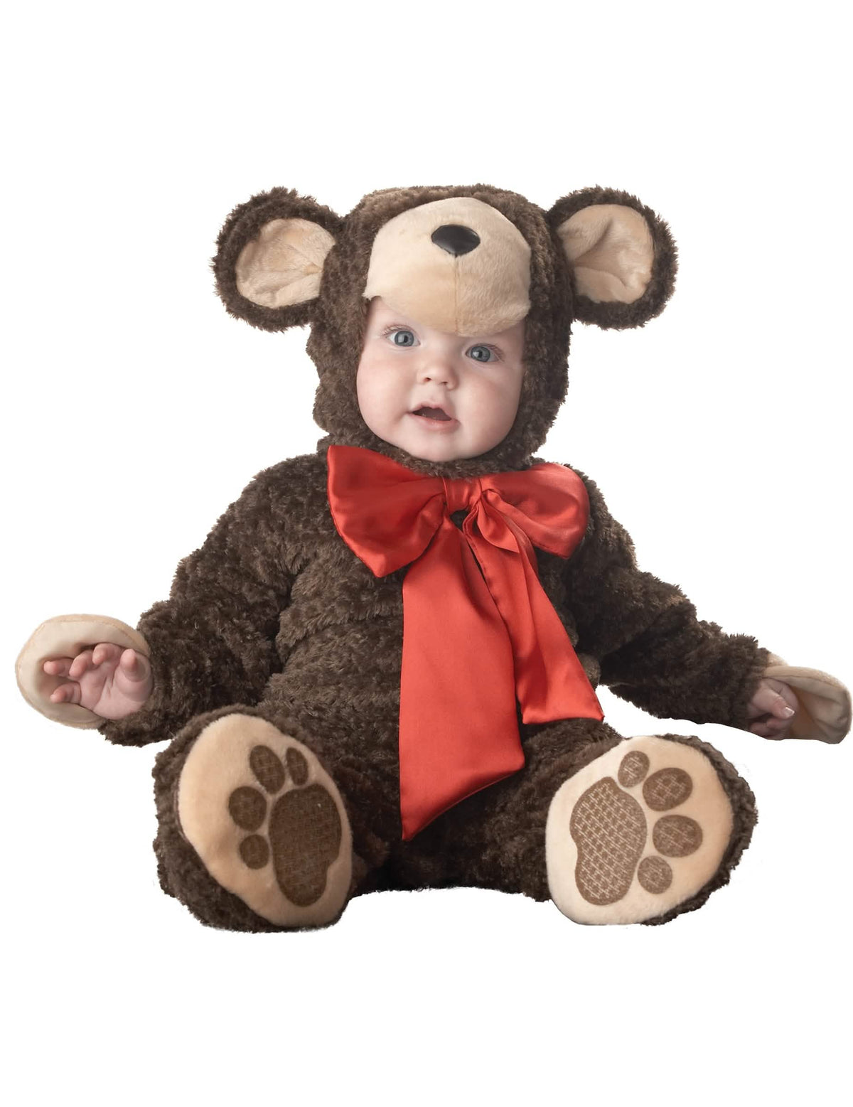 Costum de ursuleț pentru bebeluș maro cu fundiță roșie