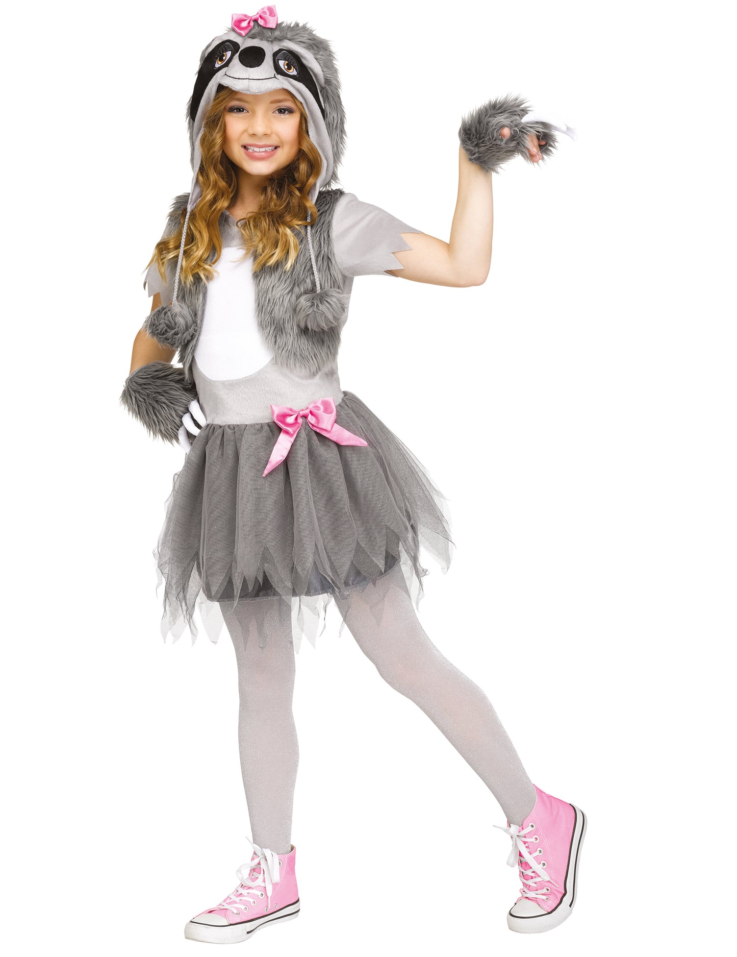 Déguisement paresseux pour fille gris et rose avec gilet en fausse fourrure et tutu