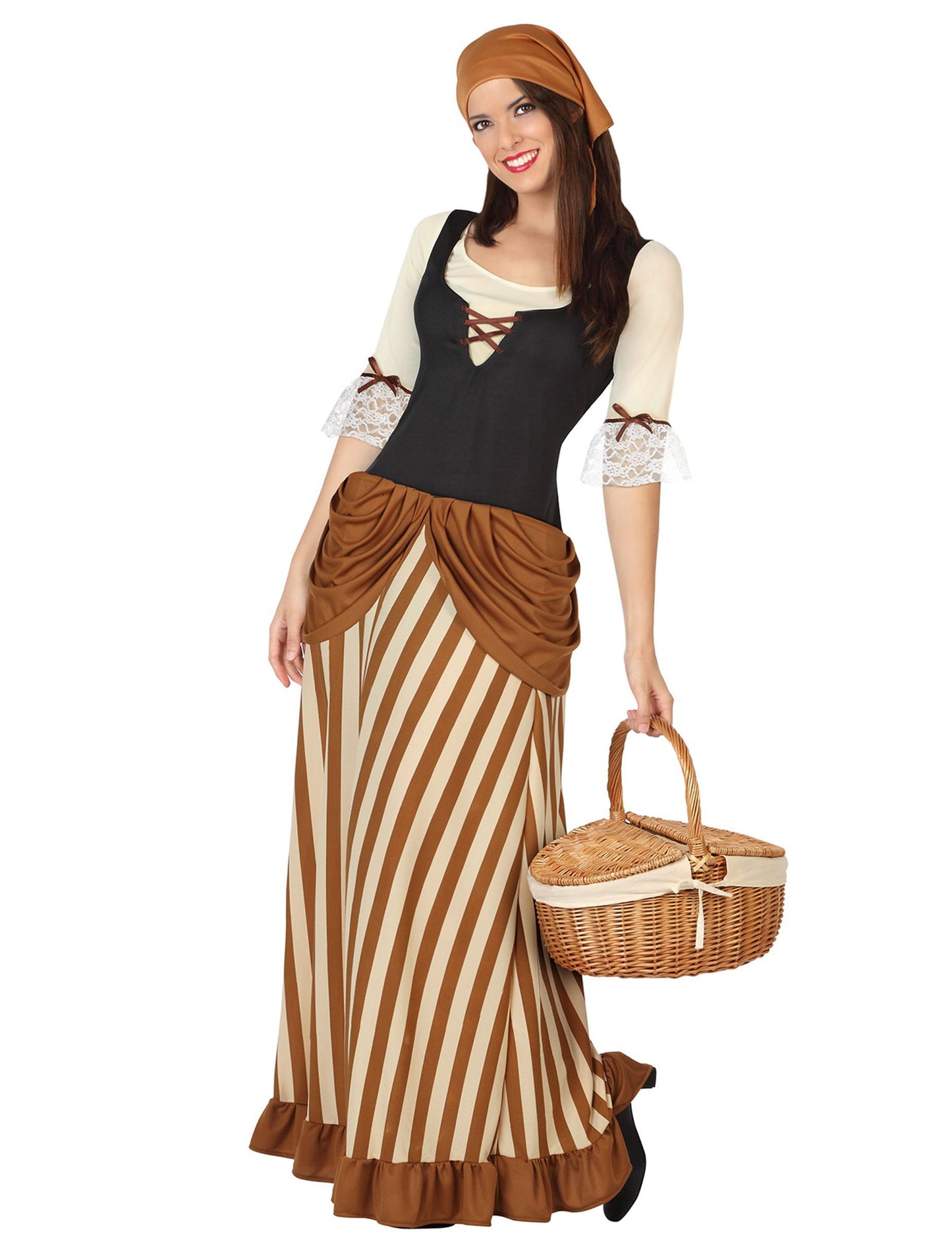 Costum de țărancă pentru femei, maro și bej, cu dungi și batic