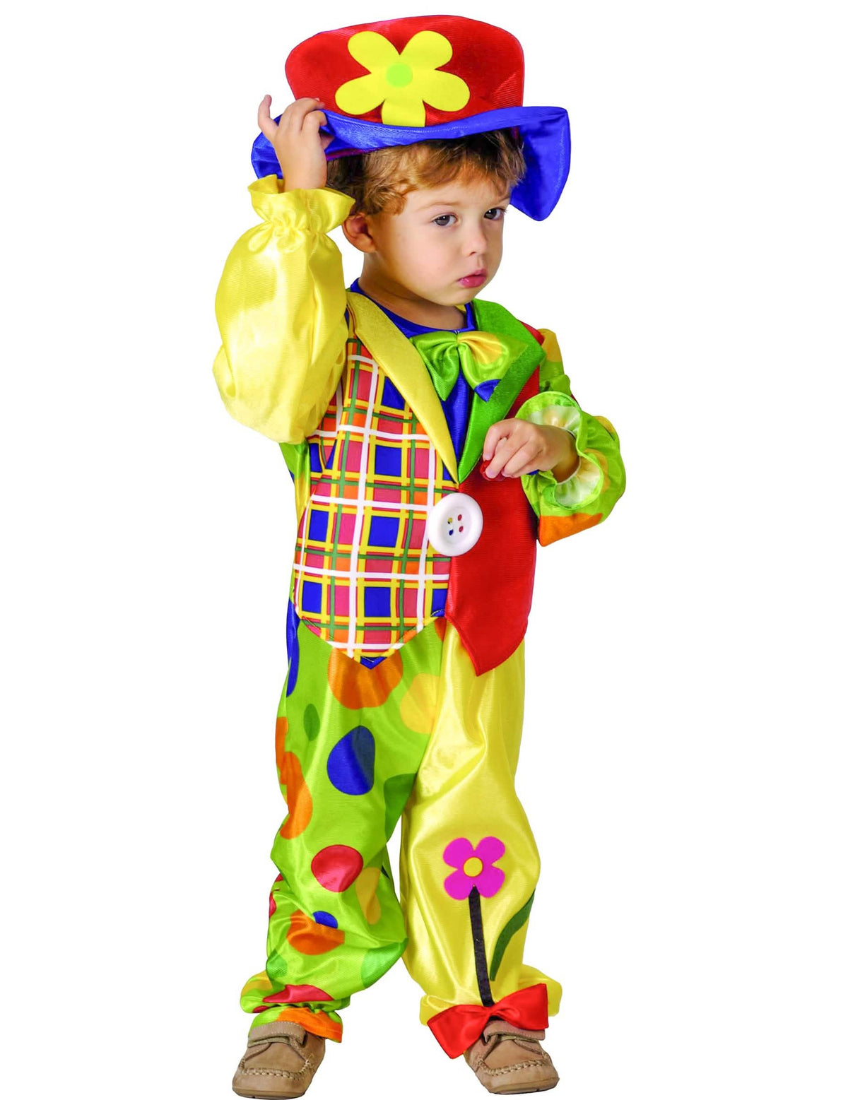 Costum de mic clovn pentru băiat multicolor cu vestă în carouri și pălărie cu floare