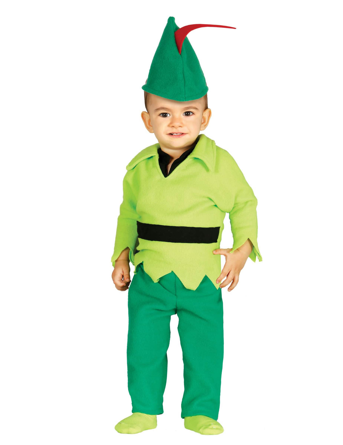 Costum de omuleț al pădurii pentru bebeluș, verde cu pălărie cu pană roșie
