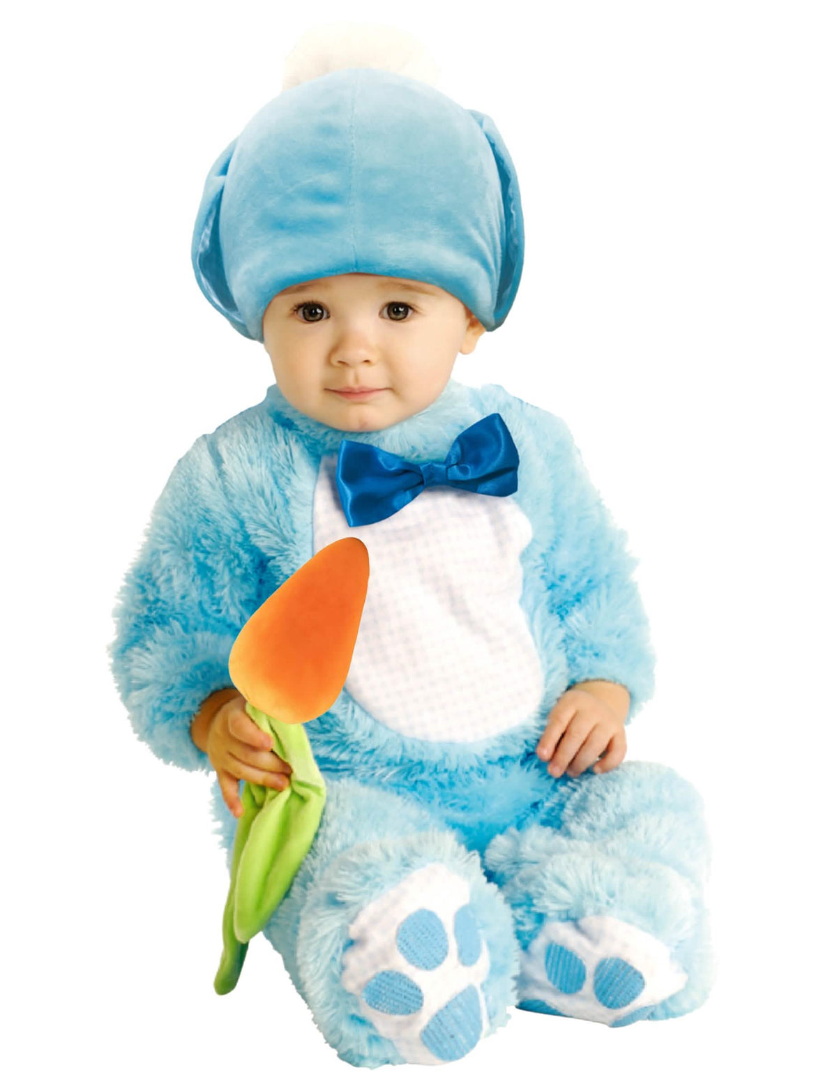 Costum de iepuri pentru bebeluș, albastru, cu papion și morcov