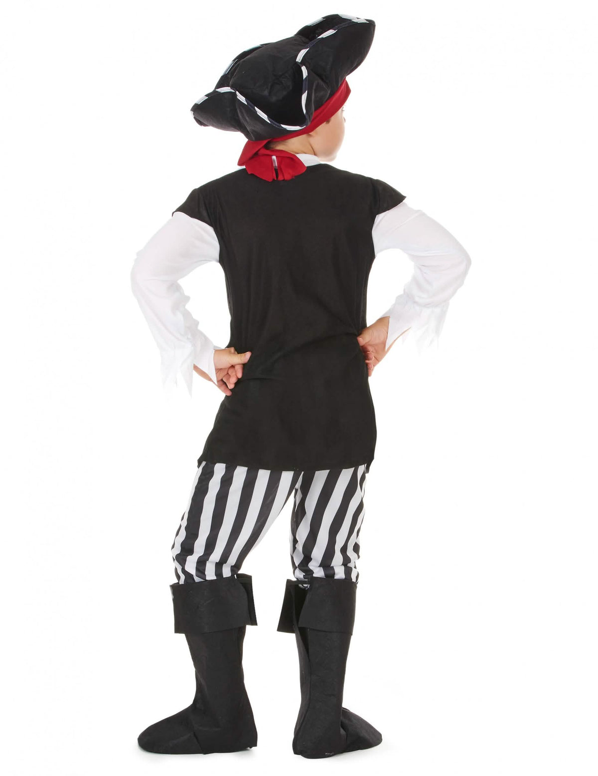 Vue de dos du déguisement de pirate pour garçon avec rayures noires et blanches