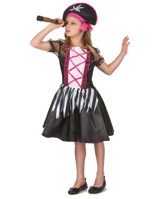 Vue de profil avec accessoire longue-vue du déguisement de pirate pour fille