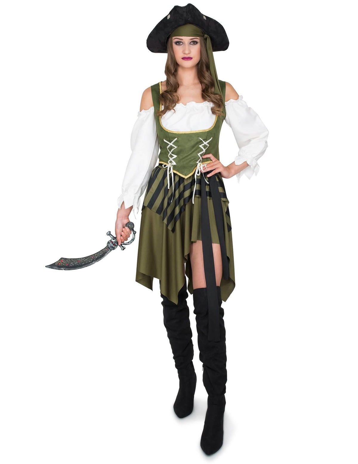 Vedere din față a costumului de pirată filibustieră pentru femeie