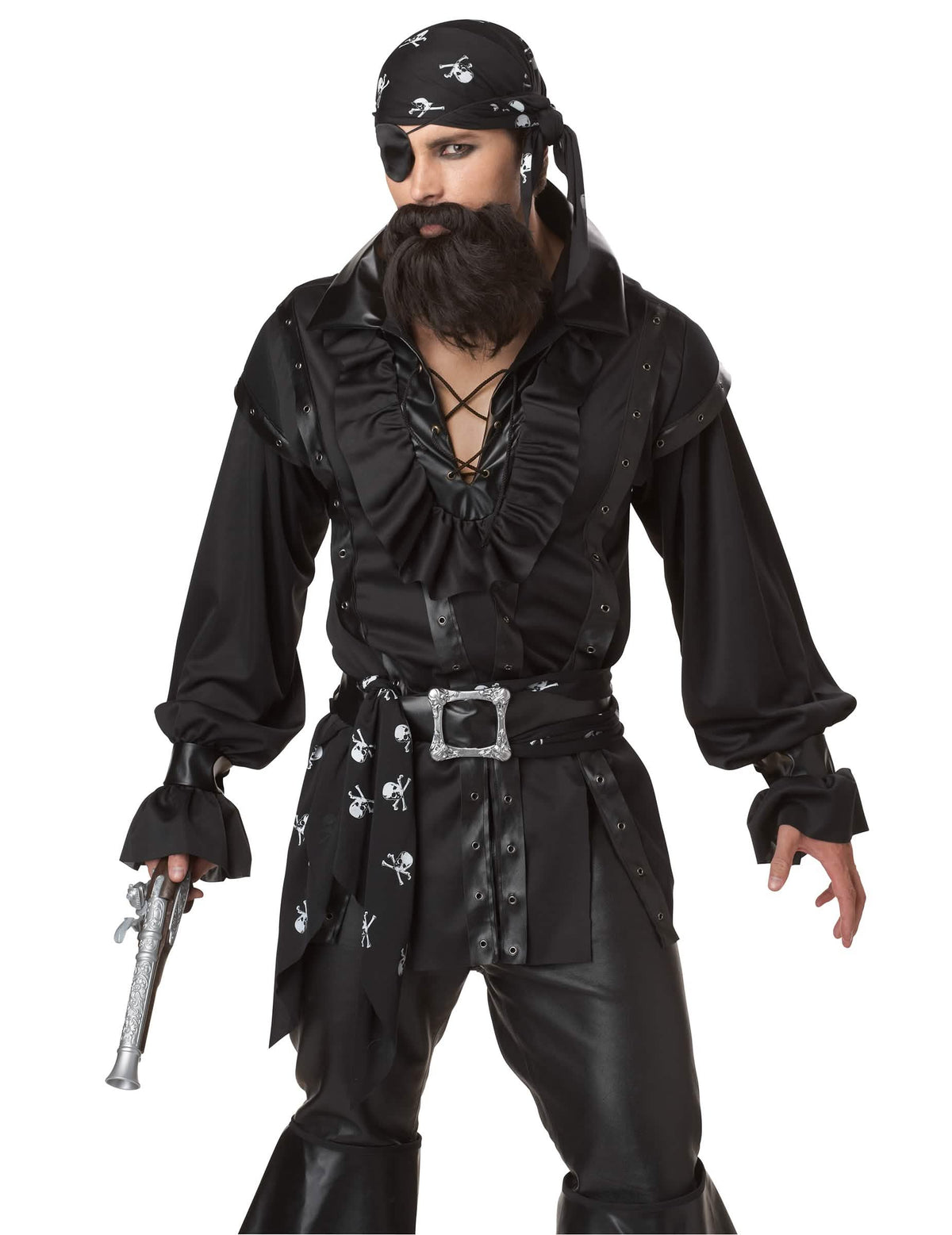 Détail du buste et des accessoires du déguisement de pirate pour homme noir