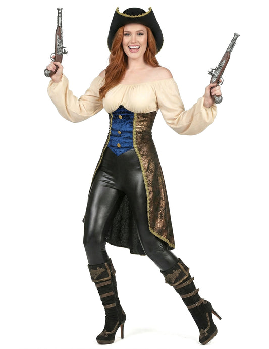 Déguisement de pirate pour femme marron et bleu avec chapeau tricorne