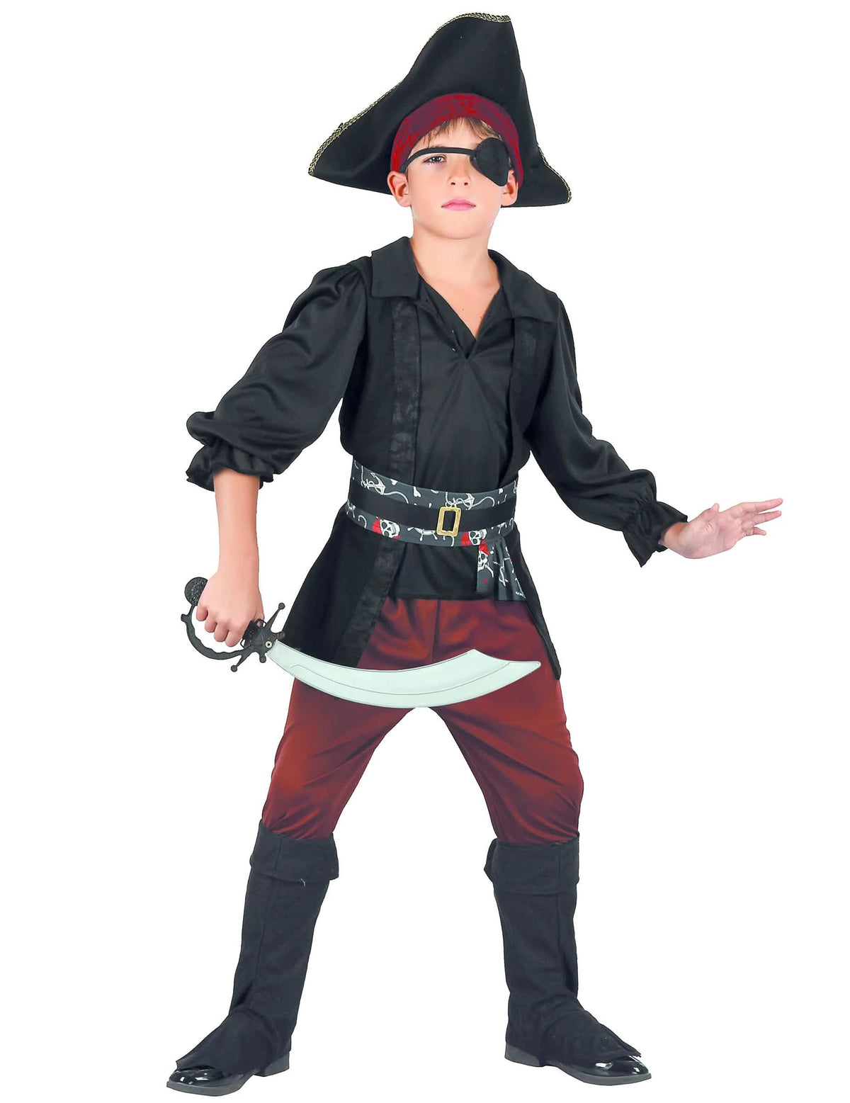 Costum de pirat pentru băiat negru și roșu cu pălărie