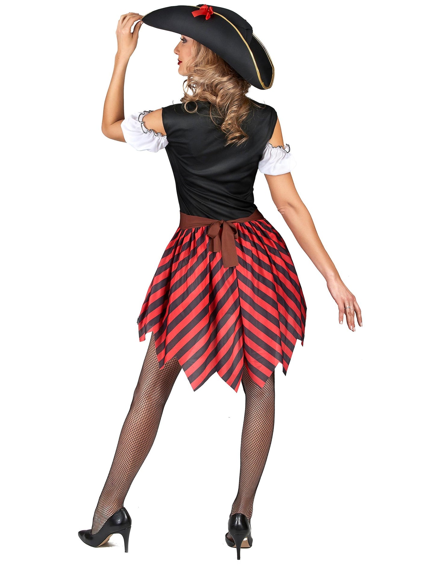 Vue de dos du déguisement pirate pour femme à rayures rouges et noires