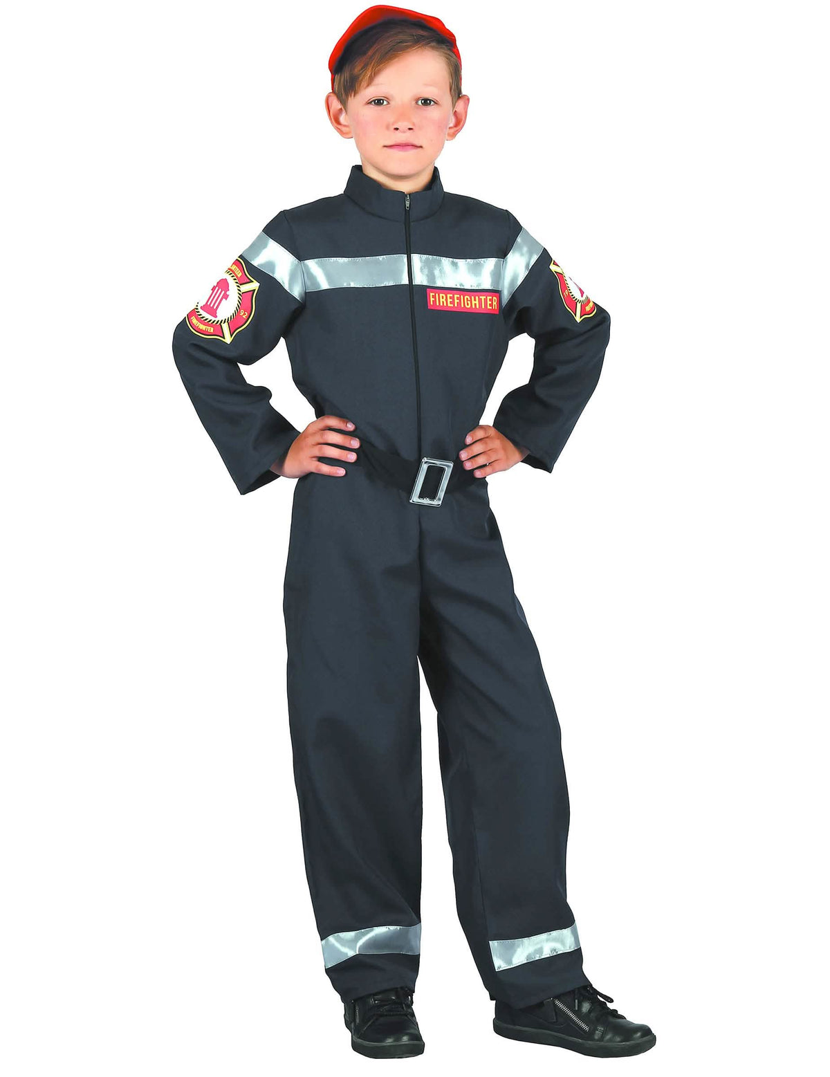 Costum de pompier pentru băiat negru cu benzi reflectorizante și șapcă roșie