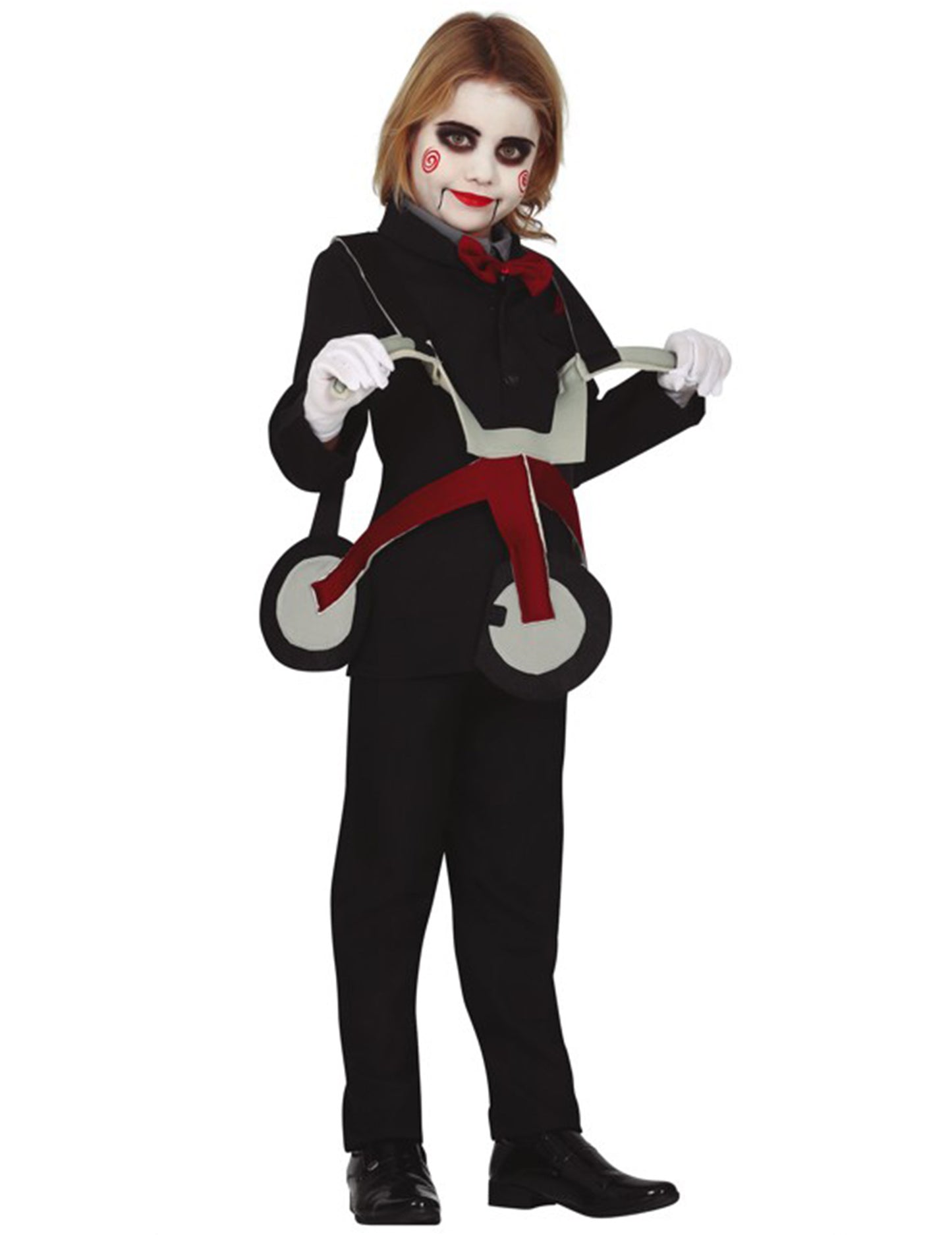 Déguisement de poupée sur tricycle pour enfant noir et rouge