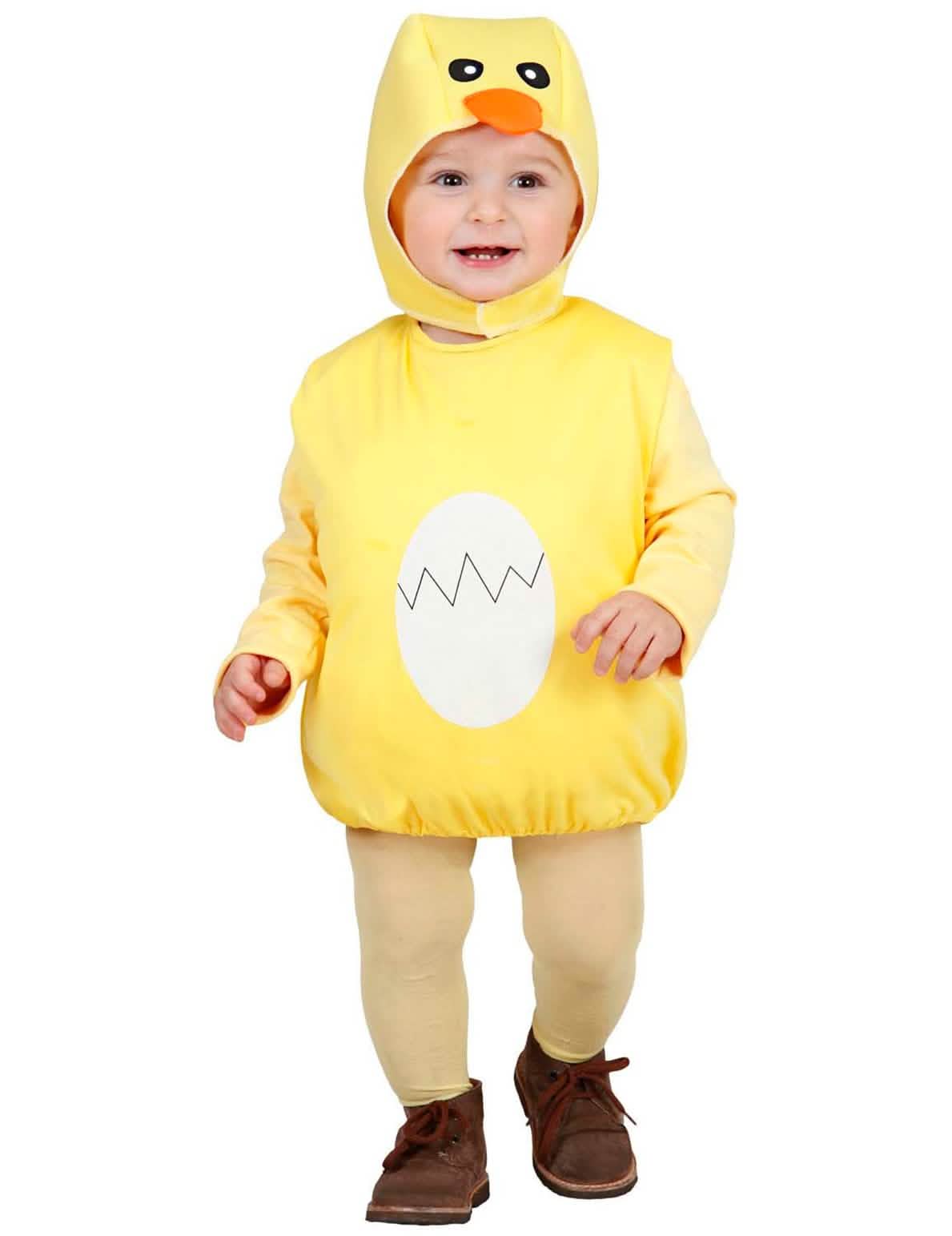Costum de pui pentru bebeluș galben cu motiv de ou alb și cagulă