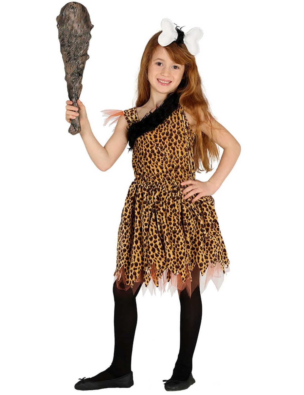 Costum preistoric pentru fată, imprimat leopard, cu măciucă și os