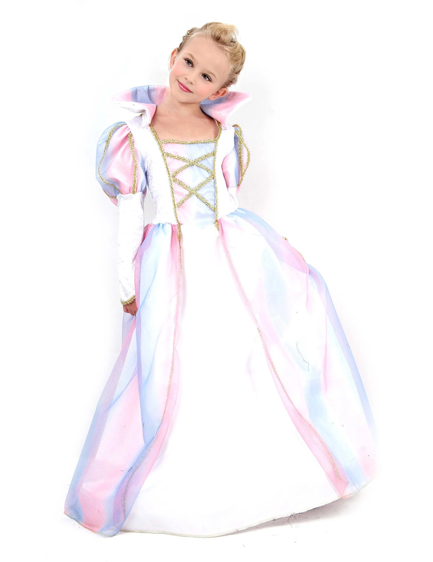 Costum de prințesă pentru fetițe multicolor pastel cu detalii aurii