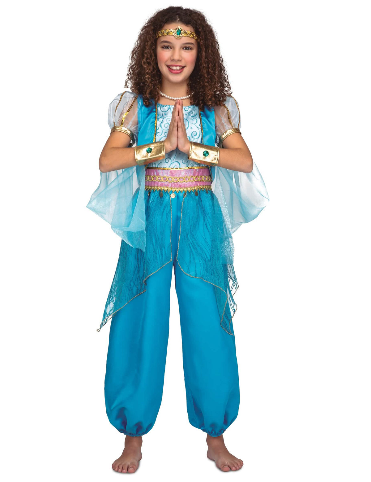 Costum de prințesă orientală pentru fată turcoaz cu detalii aurii și roz