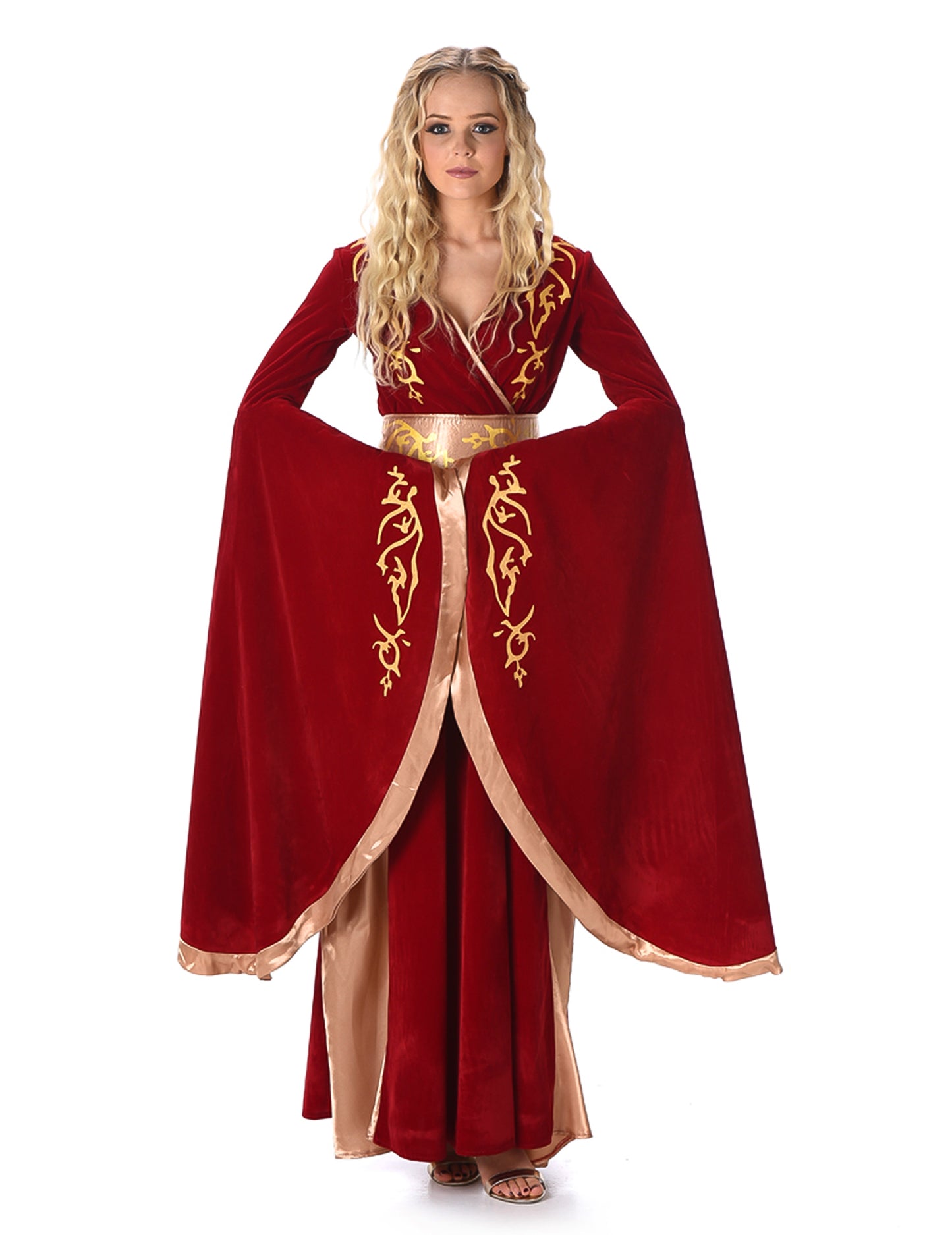Femeie de costum regină medievală roșie și aurie