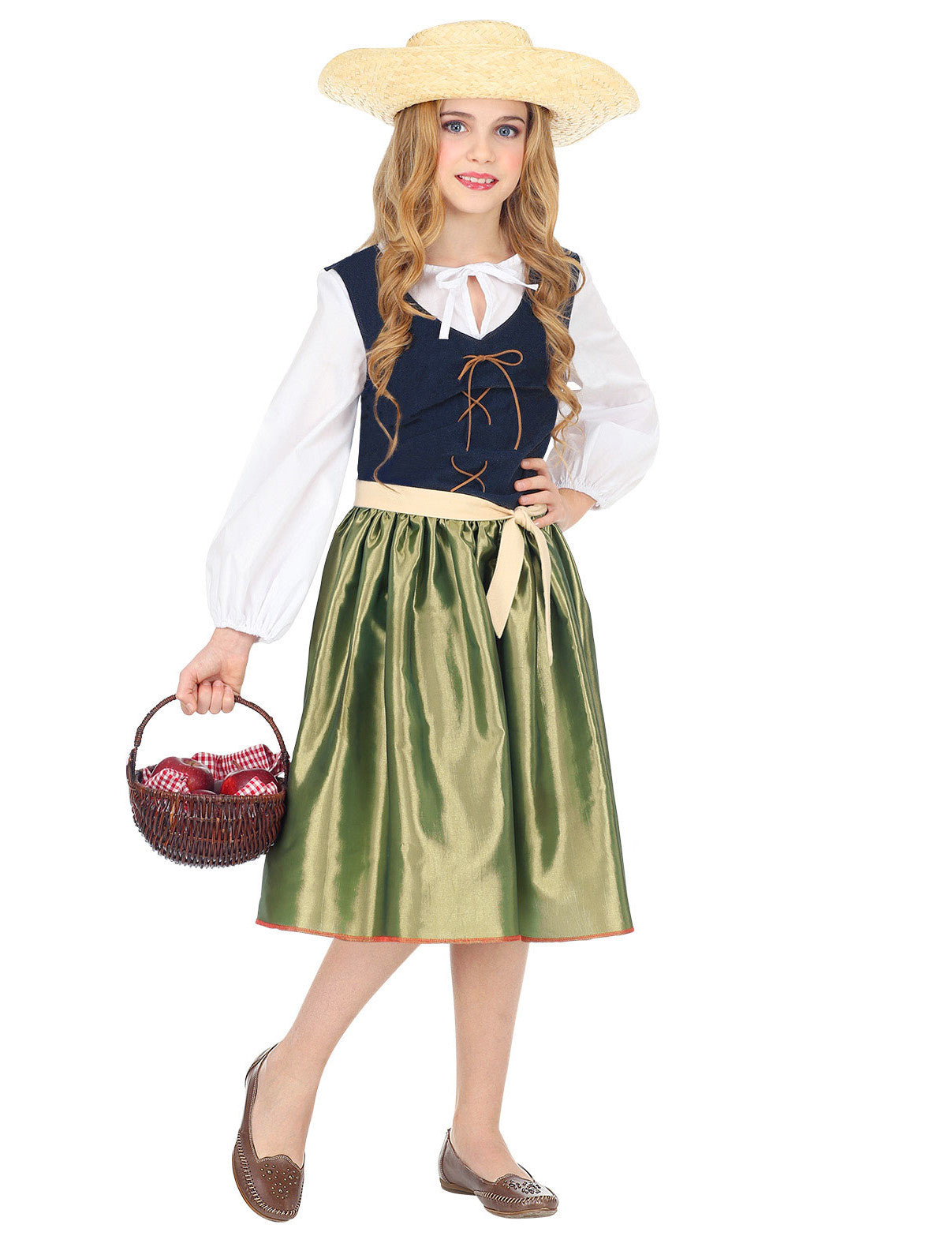 Déguisement Renaissance pour fille vert avec chapeau de paille