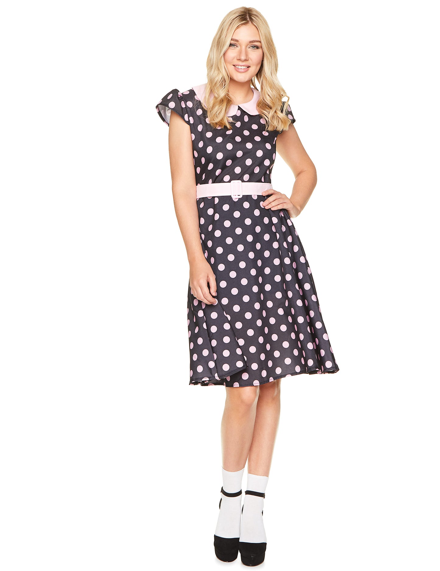 Costum de rochie din anii 50 cu femei de mazăre roz