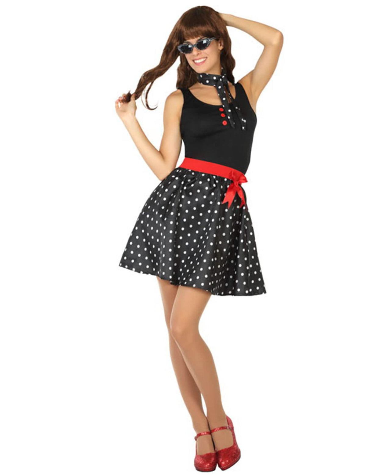 Costume rochie anii 50 pentru femeie neagră cu buline și curea roșu
