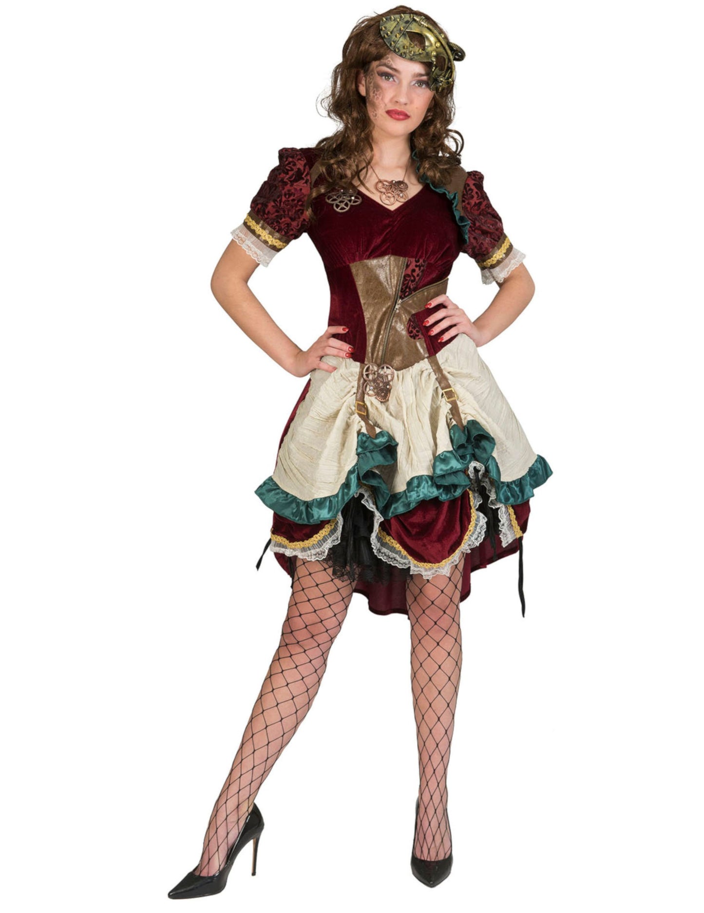 Déguisement robe steampunk aventurière pour femme bordeaux et beige avec engrenages