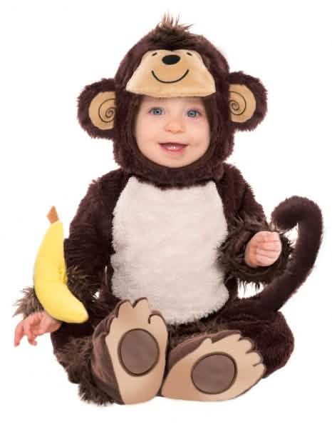 Costum de maimuțe cu zornăitoare banană pentru copil maro și bej