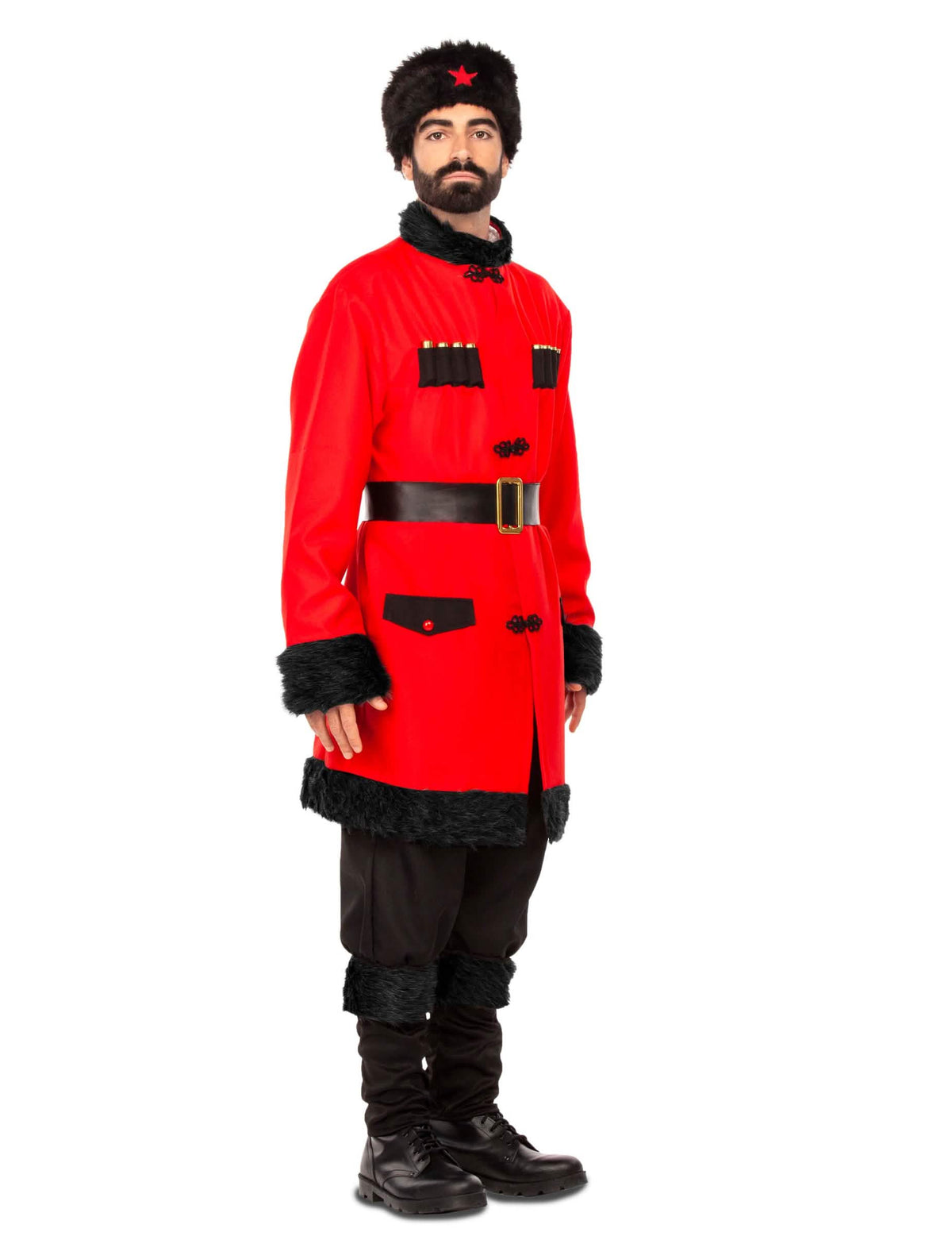 Costum de soldat rus pentru bărbat roșu și negru cu căciulă cu stea