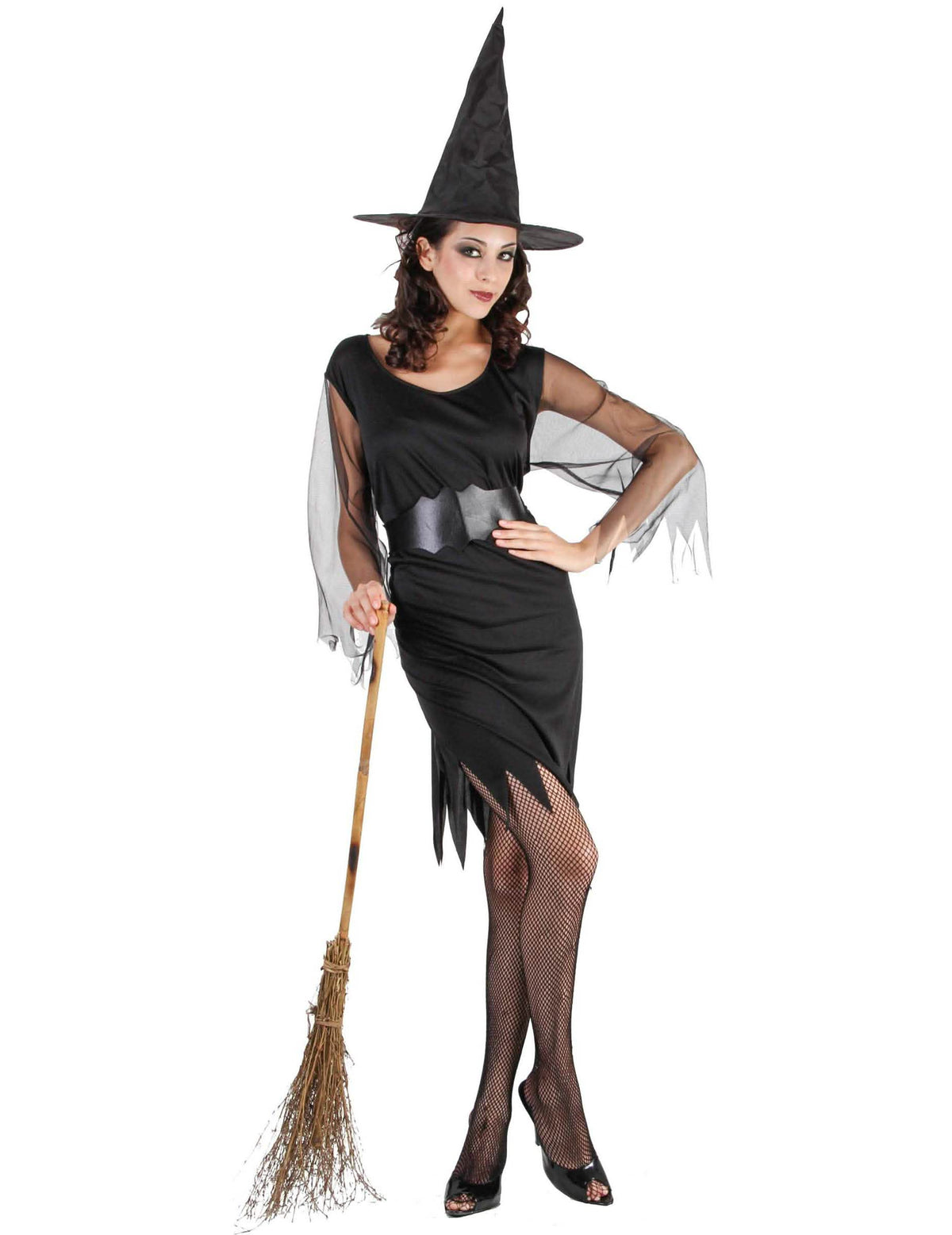 Costum de vrăjitoare pentru femeie negru cu mâneci din tul