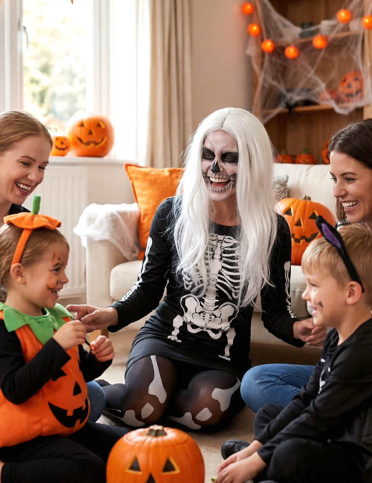 Punerea în scenă a costumului schelet pentru femeie la o petrecere de halloween