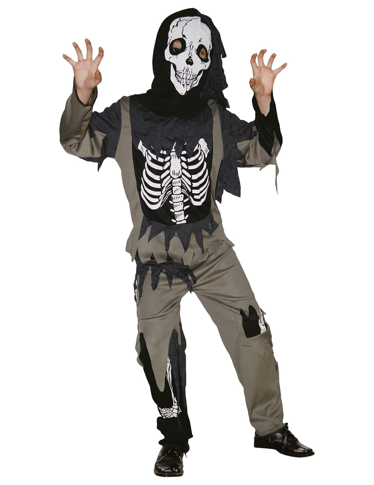 Costum de schelet zombi pentru copil gri și negru cu cagulă mască