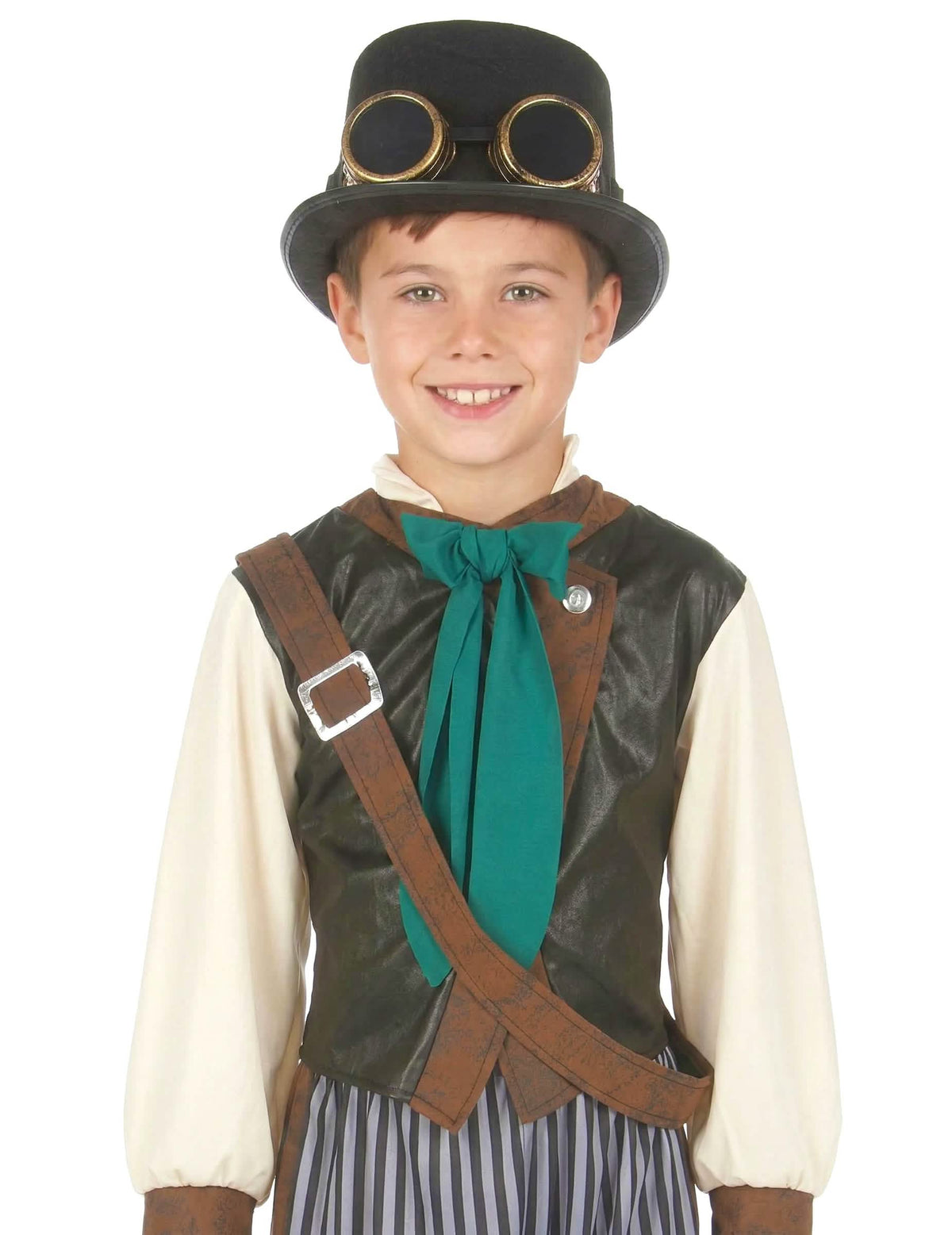 Plan apropiat pe vestă și pălăria costumului steampunk dandy pentru copil