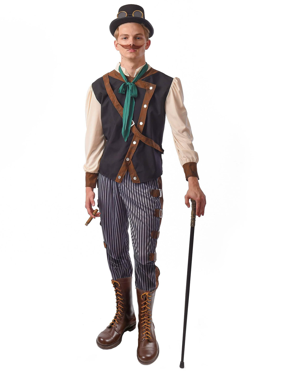 Déguisement steampunk dandy pentru bărbat maro și negru cu vestă și pantaloni cu dungi