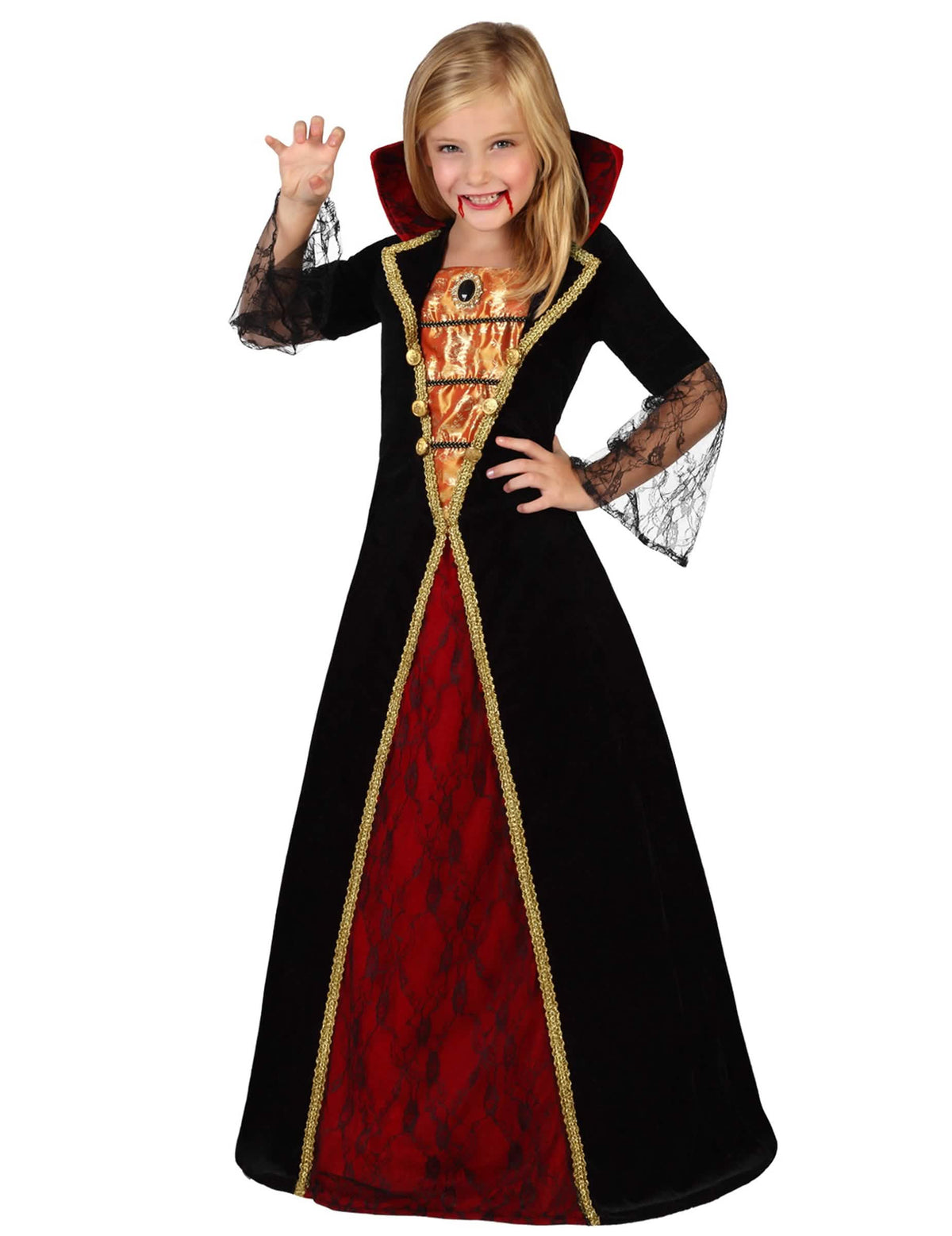 Costum elegant de vampir pentru fată negru și roșu cu guler înalt și dantelă