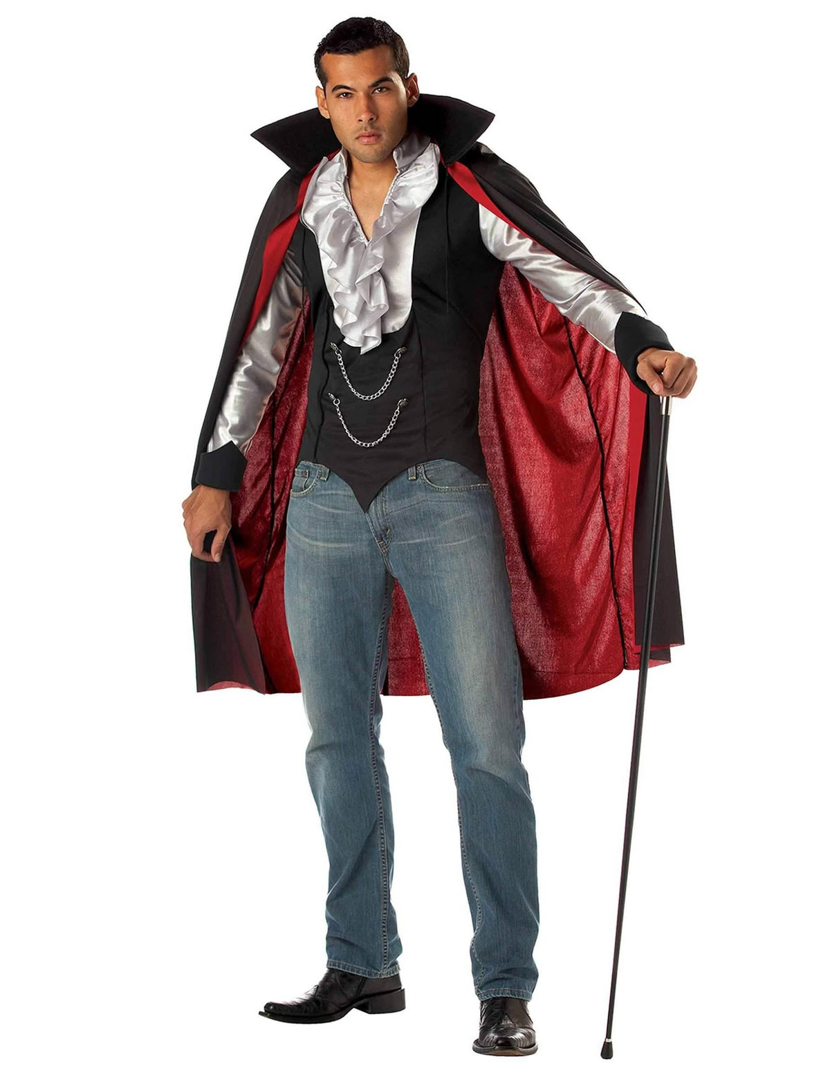 Costum de vampir gentleman pentru bărbat halloween negru și roșu cu jabou argintiu