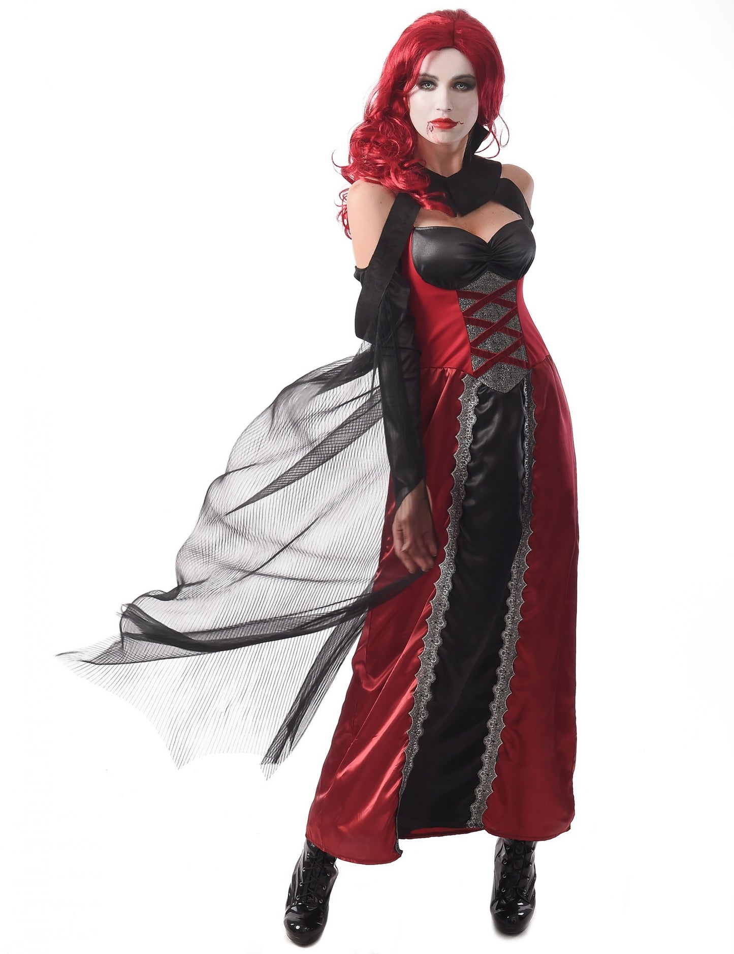 Costum de vampiriță sexy pentru femei, roșu și negru, cu voal din tul