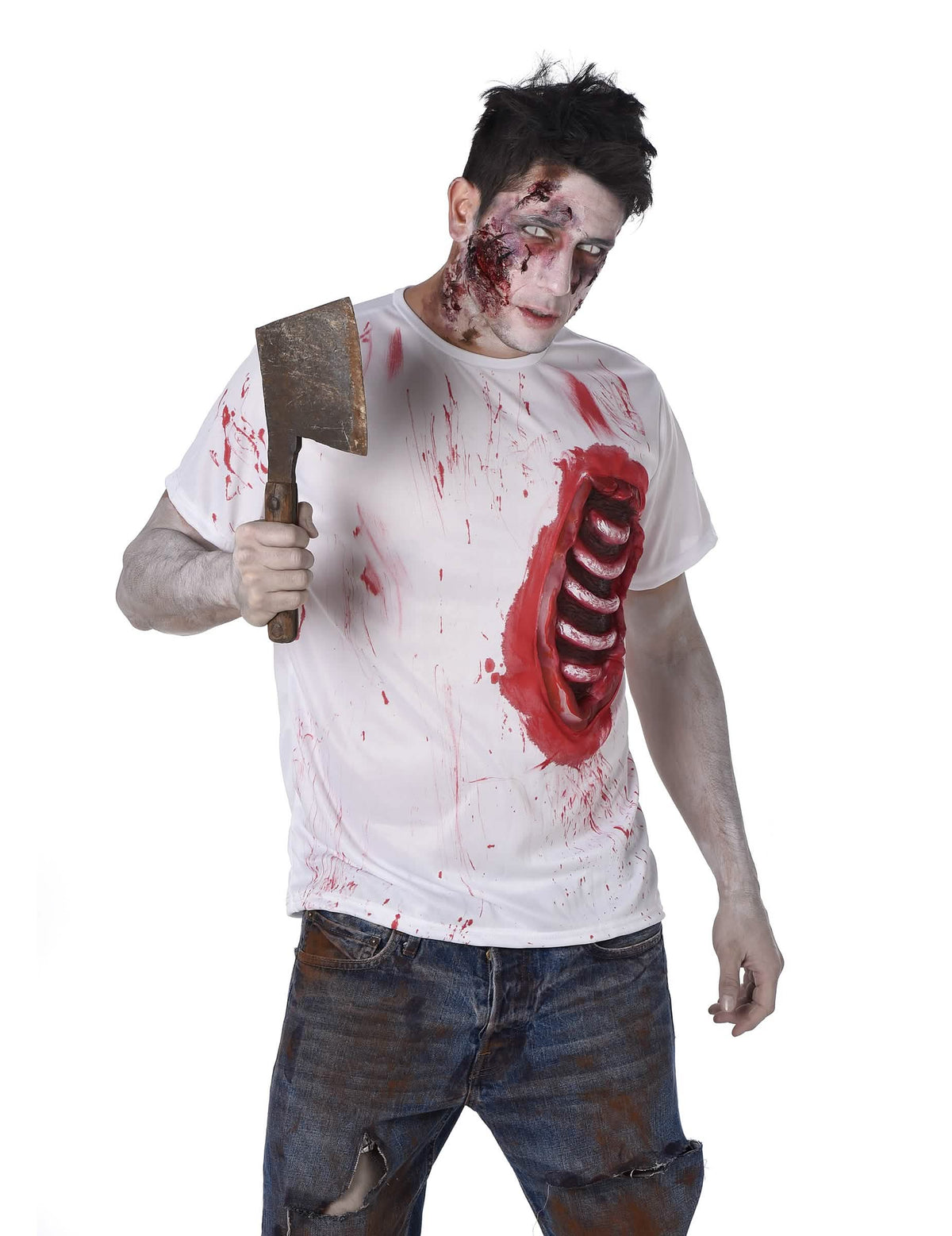 Tăietor însângerat ținut de modelul costumului de zombi cu coaste din latex