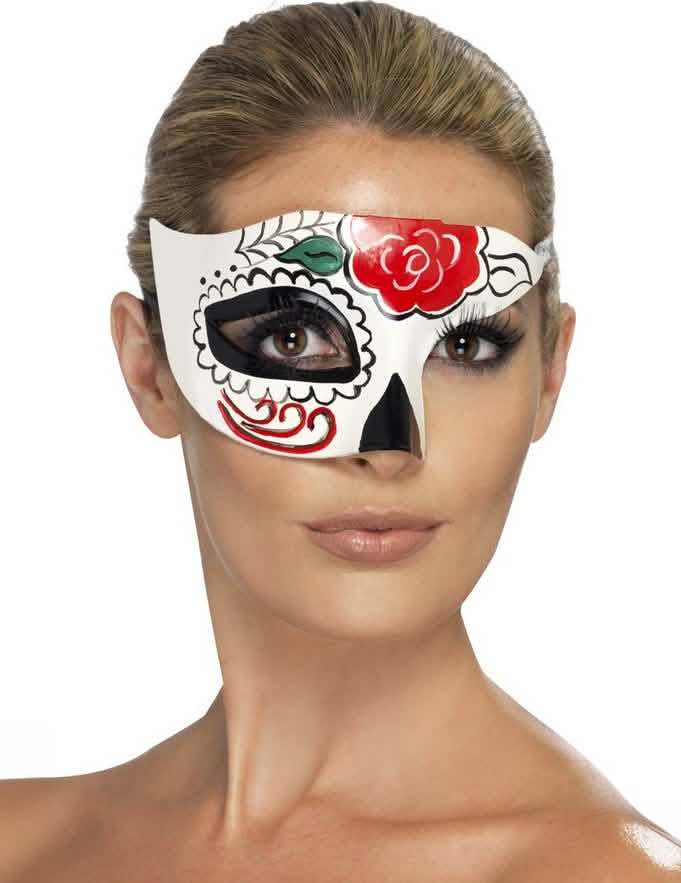Jumătate de mască halloween pentru adult alb cu motive de flori roșii și negre
