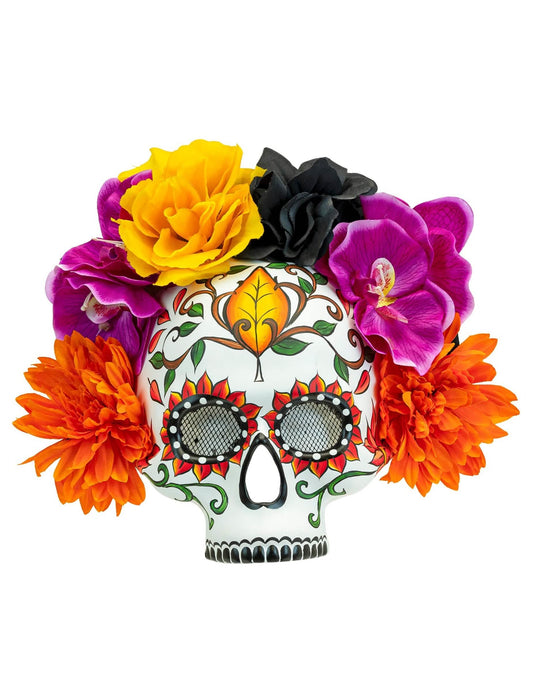 Vue de face du demi masque crâne avec fleurs colorées