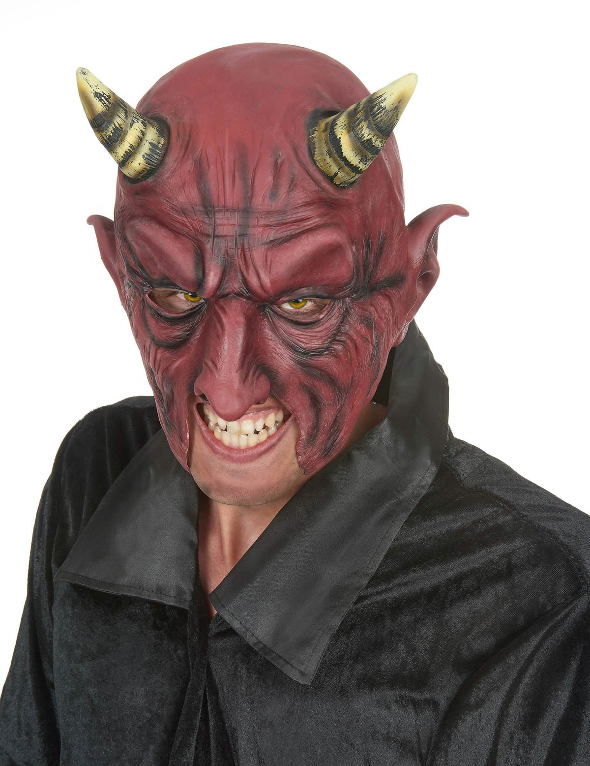 Jumătate de mască din latex demon cu coarne halloween pentru adult roșu