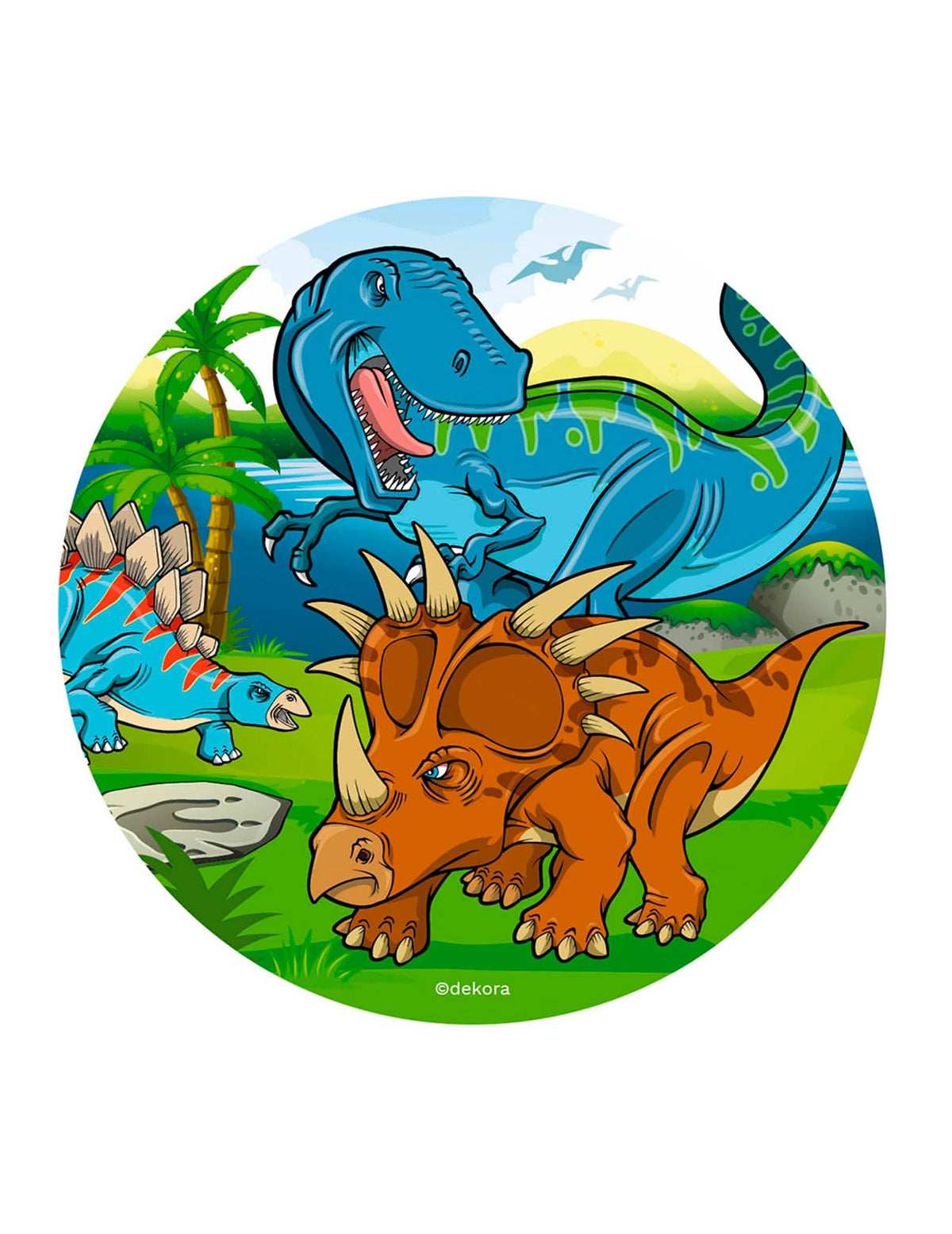 Disc din ostie cu dinozauri pentru tort, albastru și portocaliu cu T-Rex