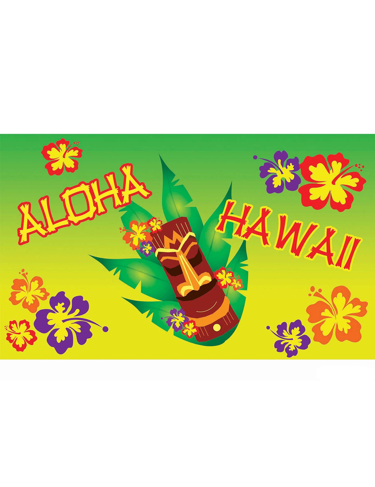 Decorațiune murală Aloha verde și galben cu Tiki și flori de hibiscus