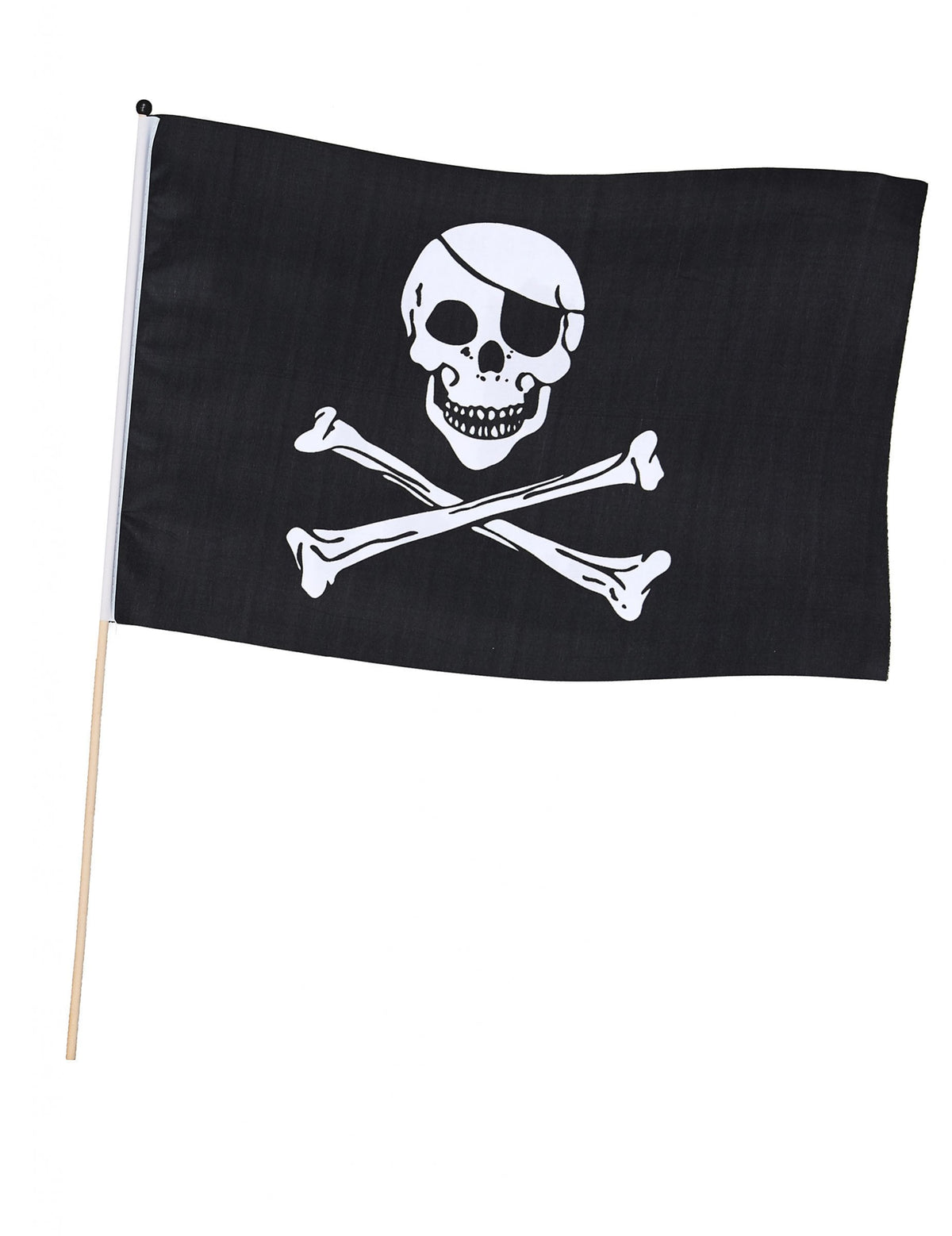 Drapeau sur tige de pirate noir avec tête de mort à cache-œil et os croisés