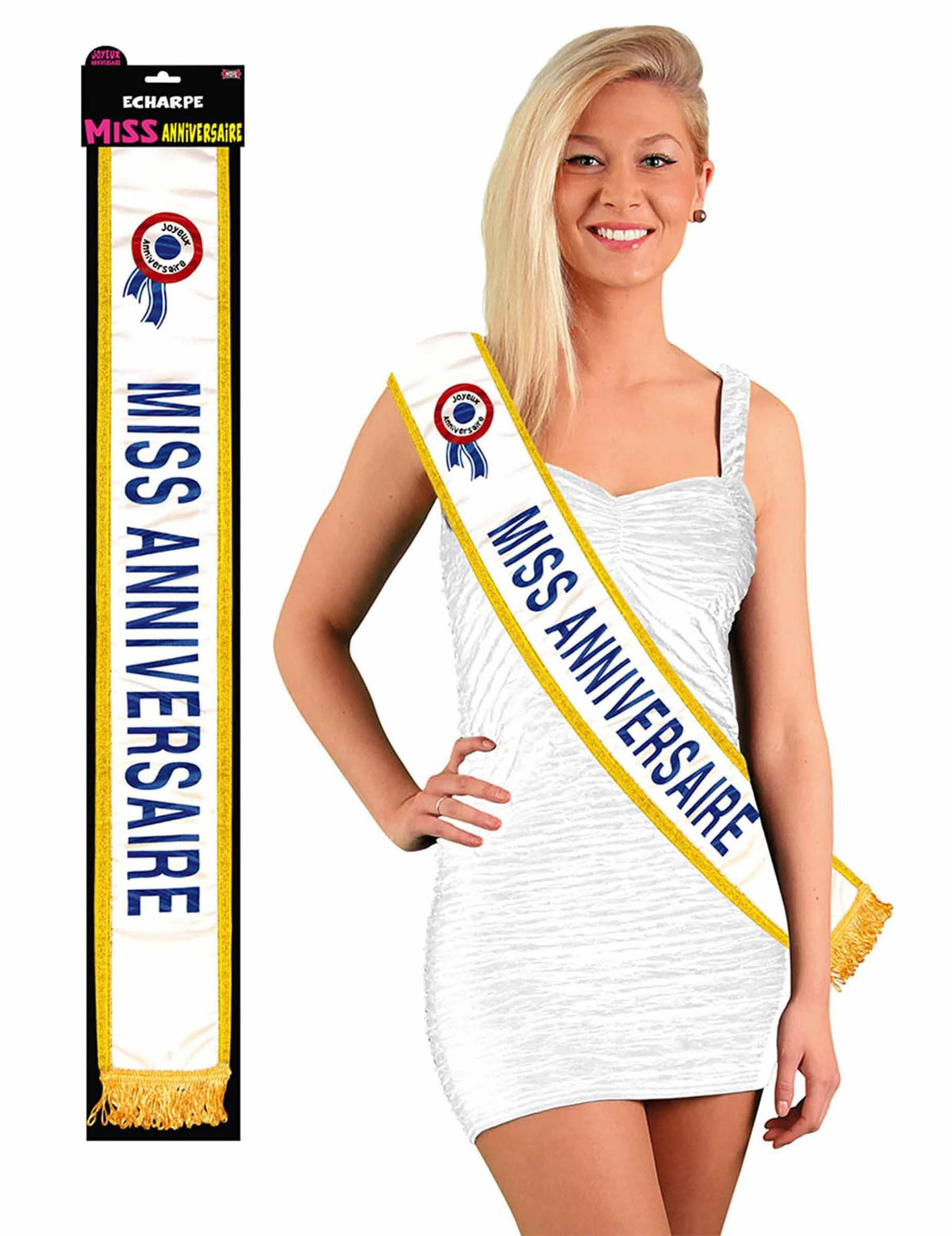 Eșarfă Miss aniversare pentru femeie albă și aurie