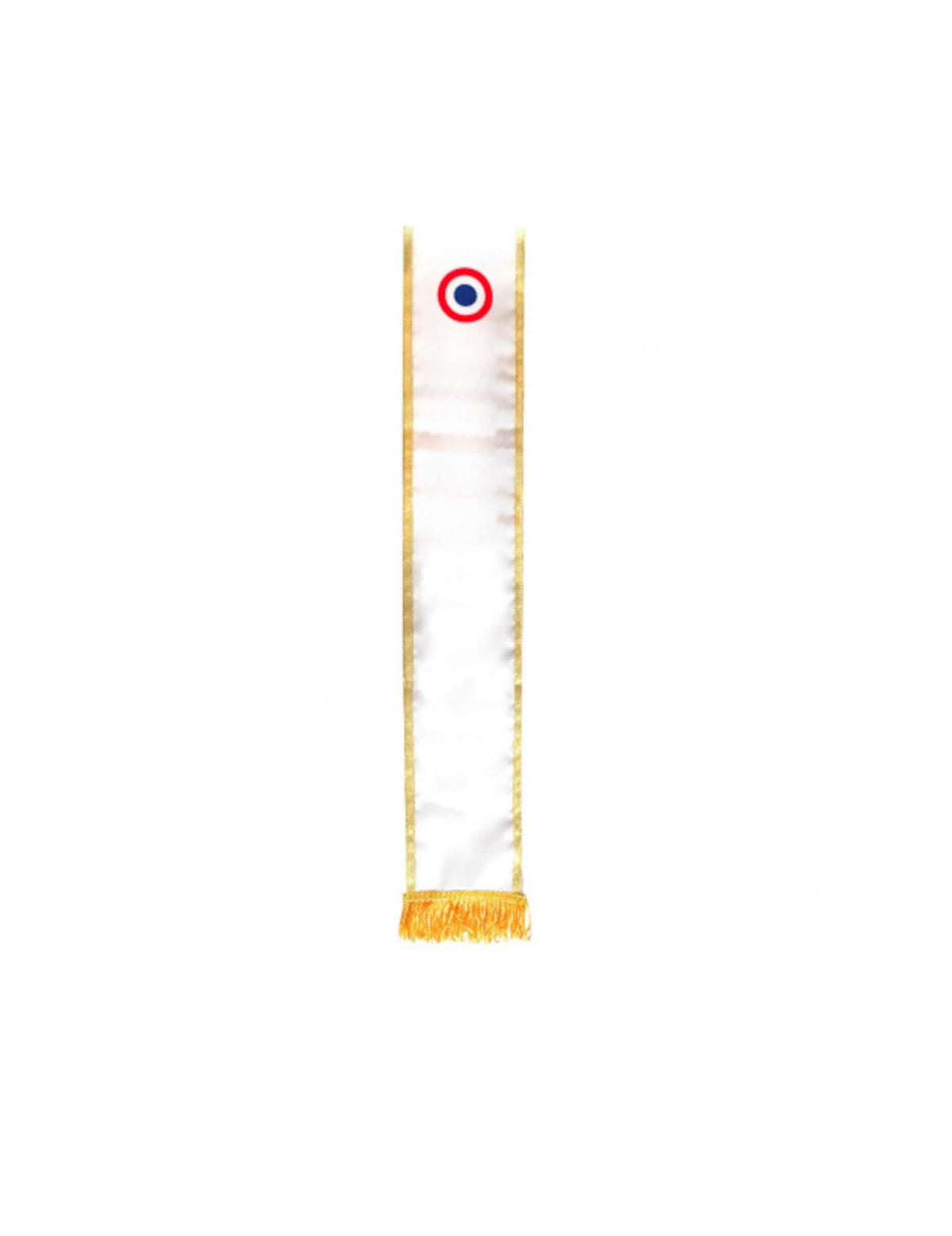 Detaliu al cocardei și al franjurilor aurii ale Echarpei tricolore vierge