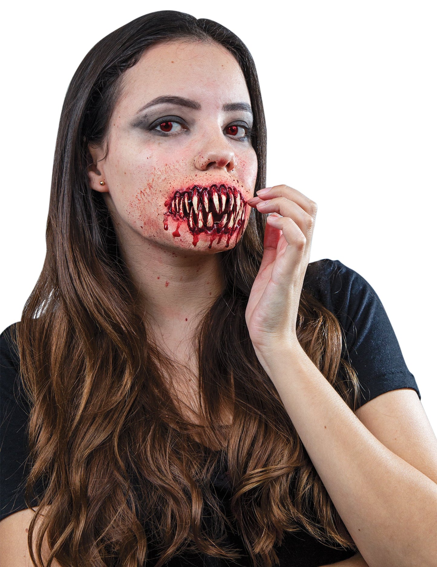 Fausses dents pointues ensanglantées pour adulte rouges et blanches